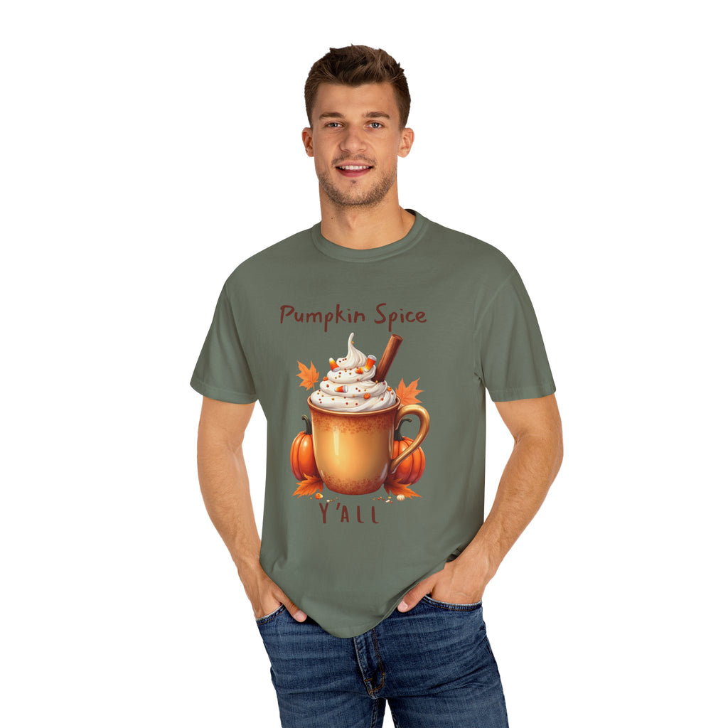 Pumpkin Spice Y'all-  shows a mug with whipped cream, a cinnamon stick, candy corn, pumpkins, and autumn leaves