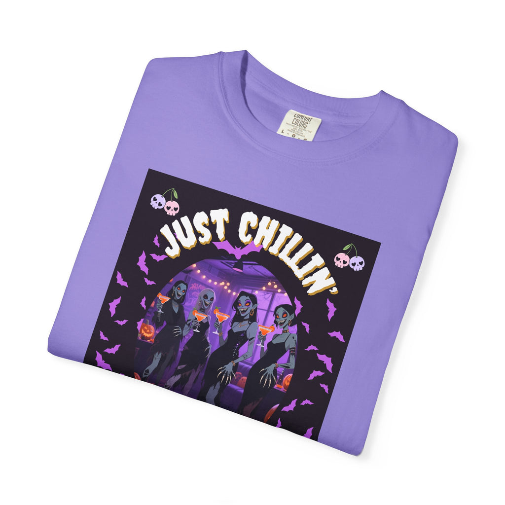 Just Chillin' With My Ghouls, Halloween Graphic Tee, Unisex Garment-Dyed T-Shirt, Spooky Shirt, Halloween Costume, Fall Fashion, Holiday Apparel