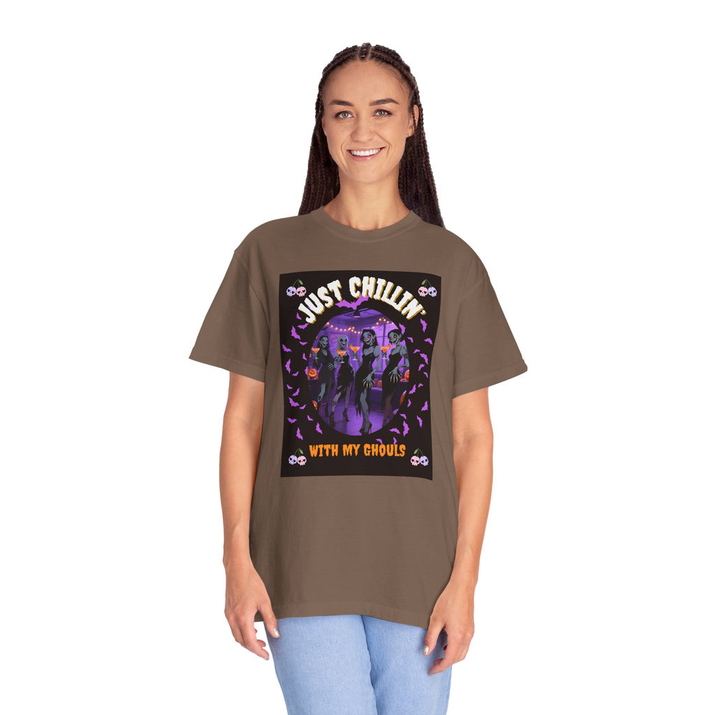 Just Chillin' With My Ghouls, Halloween Graphic Tee, Unisex Garment-Dyed T-Shirt, Spooky Shirt, Halloween Costume, Fall Fashion, Holiday Apparel