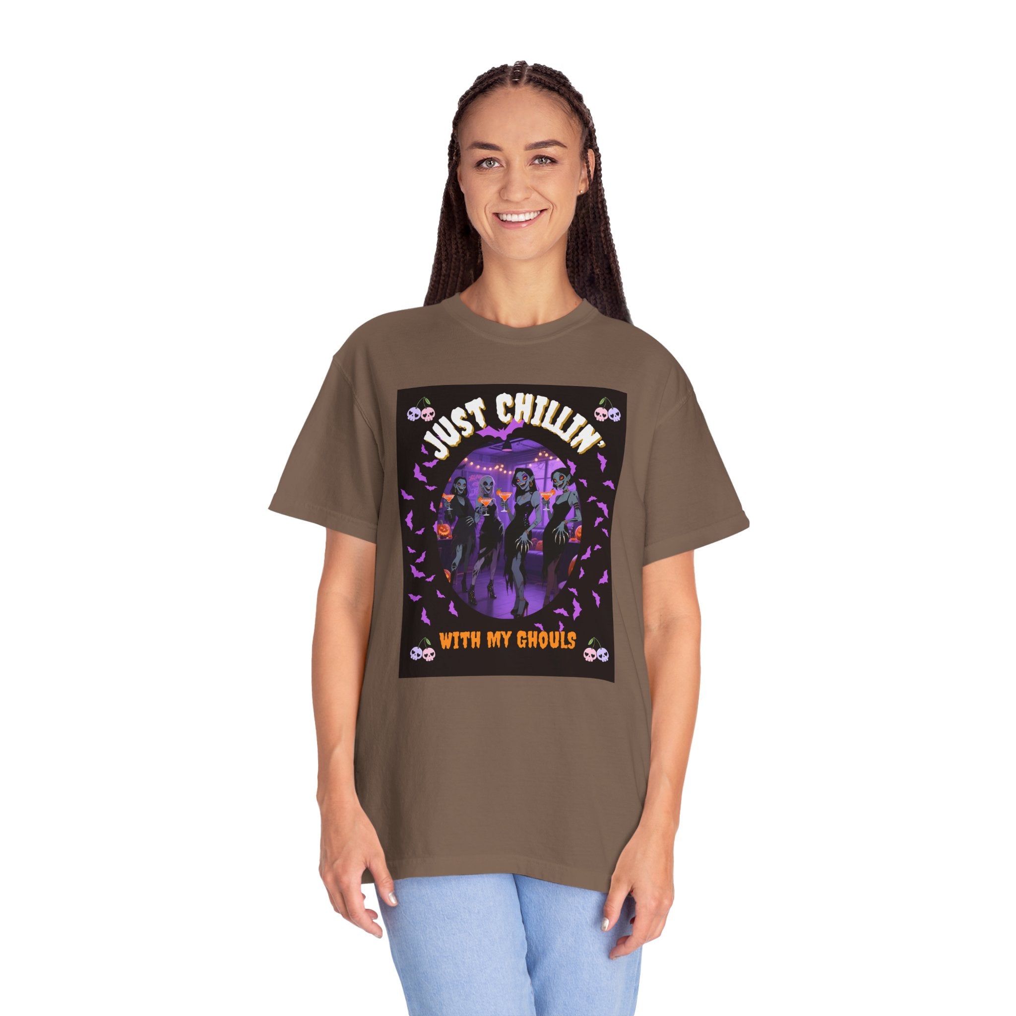 Just Chillin' With My Ghouls, Halloween Graphic Tee, Unisex Garment-Dyed T-Shirt, Spooky Shirt, Halloween Costume, Fall Fashion, Holiday Apparel