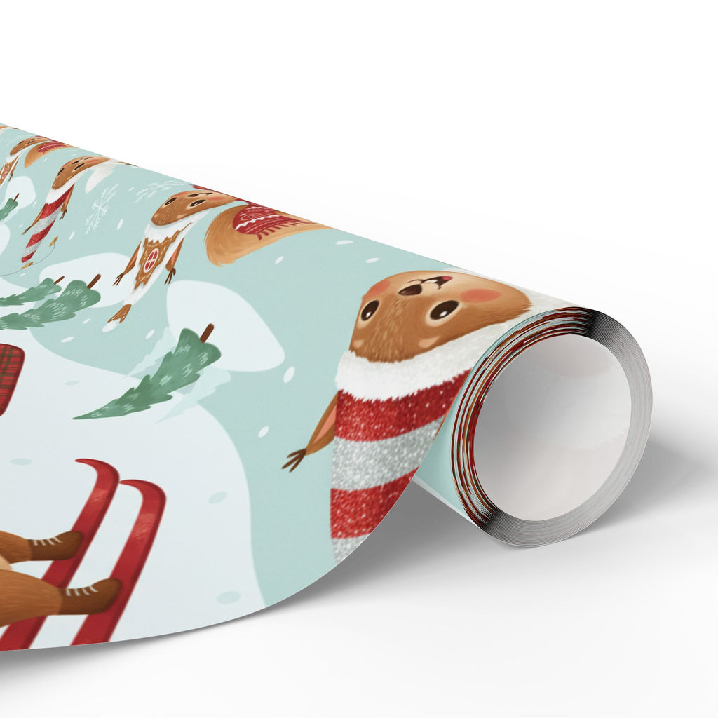 Christmas Squirrel Wrapping Paper - Cute Holiday Gift Wrap with Sledding Squirrels