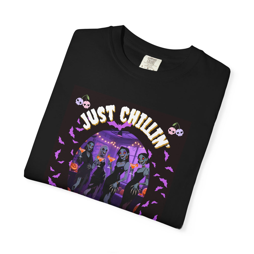 Just Chillin' With My Ghouls, Halloween Graphic Tee, Unisex Garment-Dyed T-Shirt, Spooky Shirt, Halloween Costume, Fall Fashion, Holiday Apparel