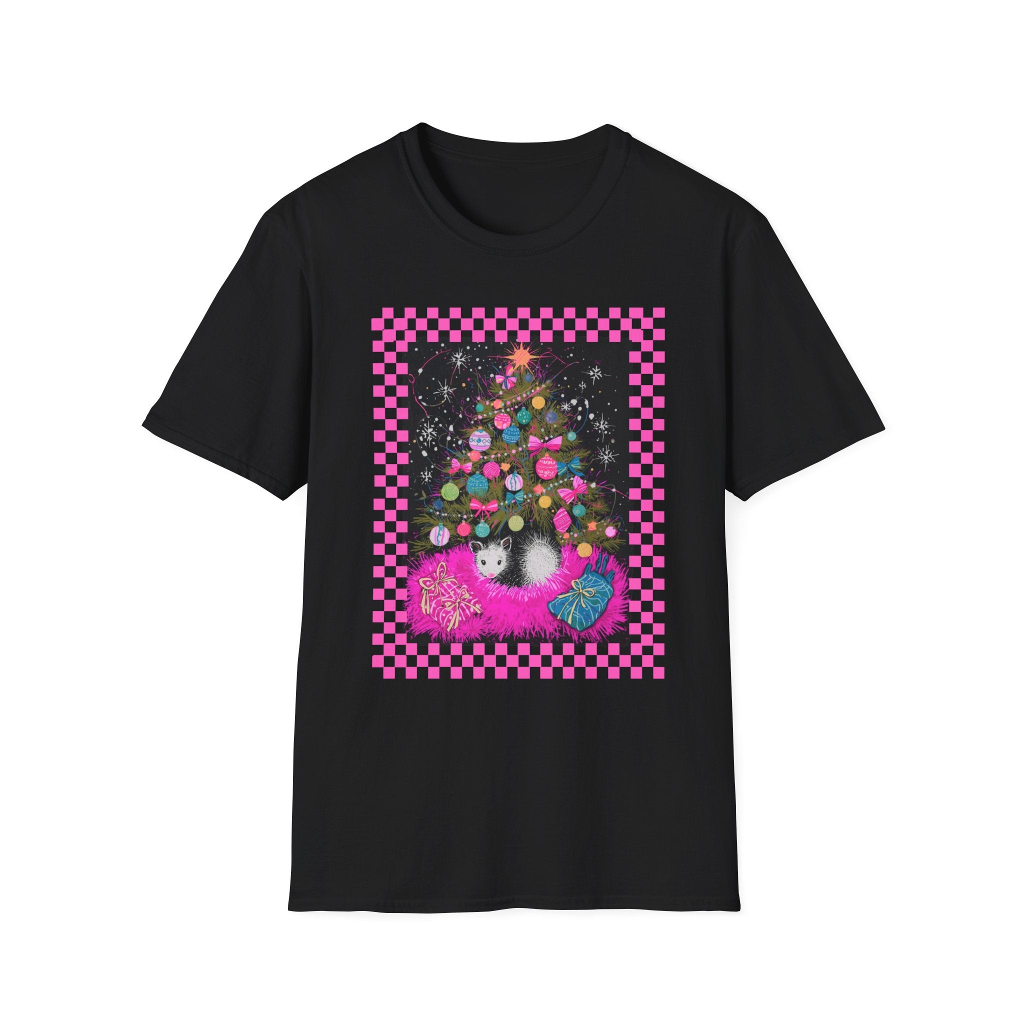 Christmas Possum Tree T-Shirt — Pink Checkerboard Holiday Possum Tee