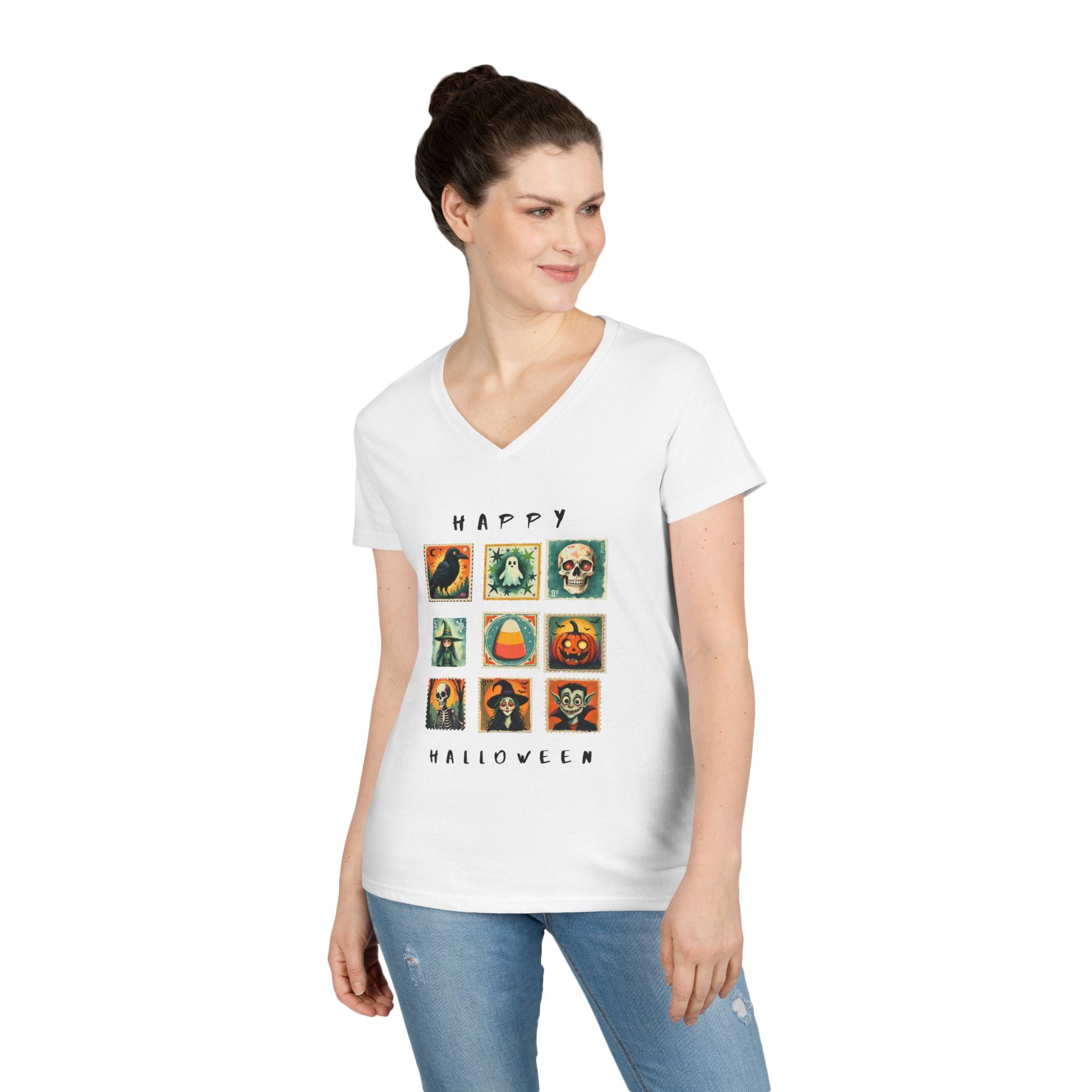 Halloween V-Neck T-Shirt, Spooky Tee, Women's Fall Shirt, Trick or Treat Top, Halloween Costume, Ghostly Vibes, Perfect for October