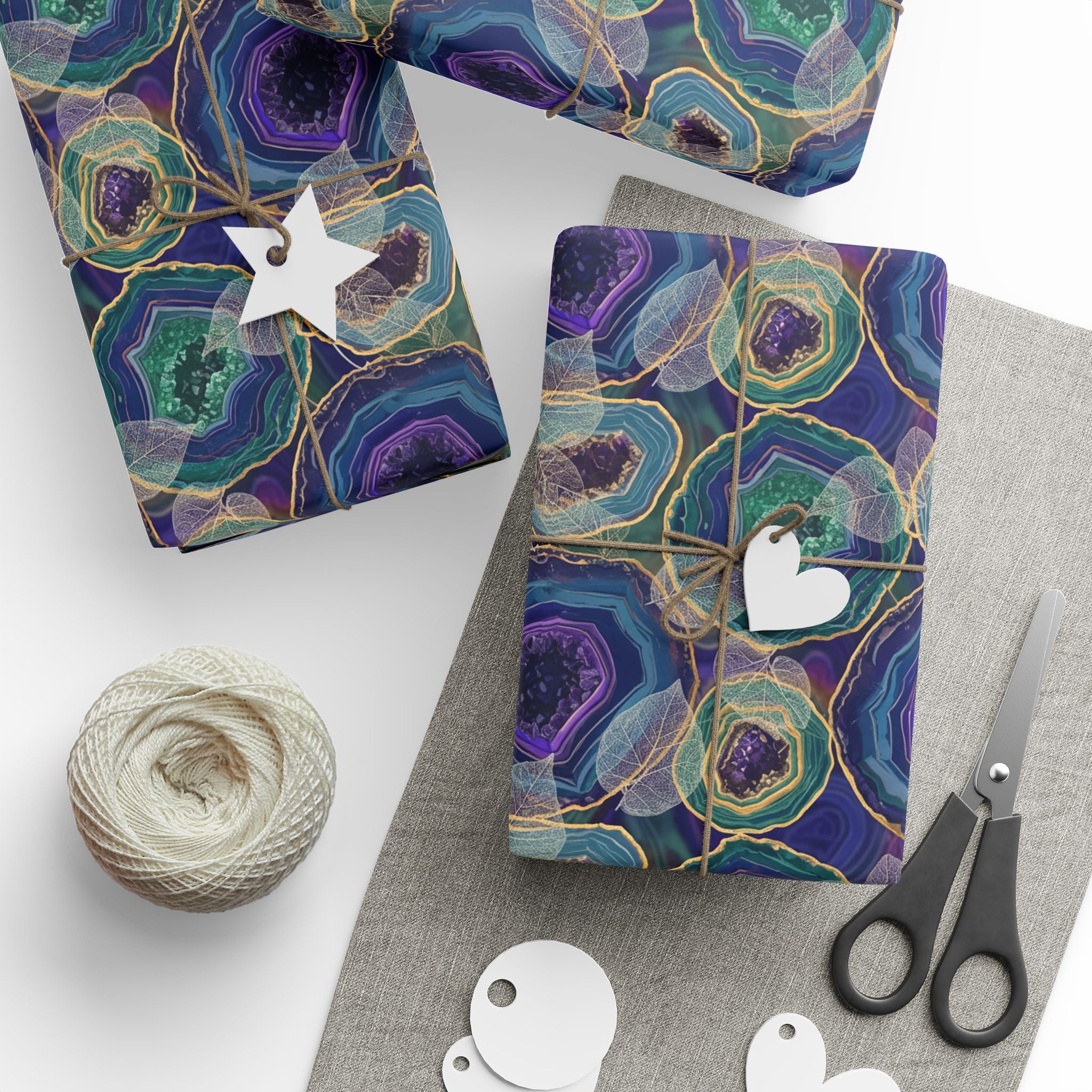 Agate Swirl Wrapping Paper — Blue & Teal Geode Gift Wrap with Leaves