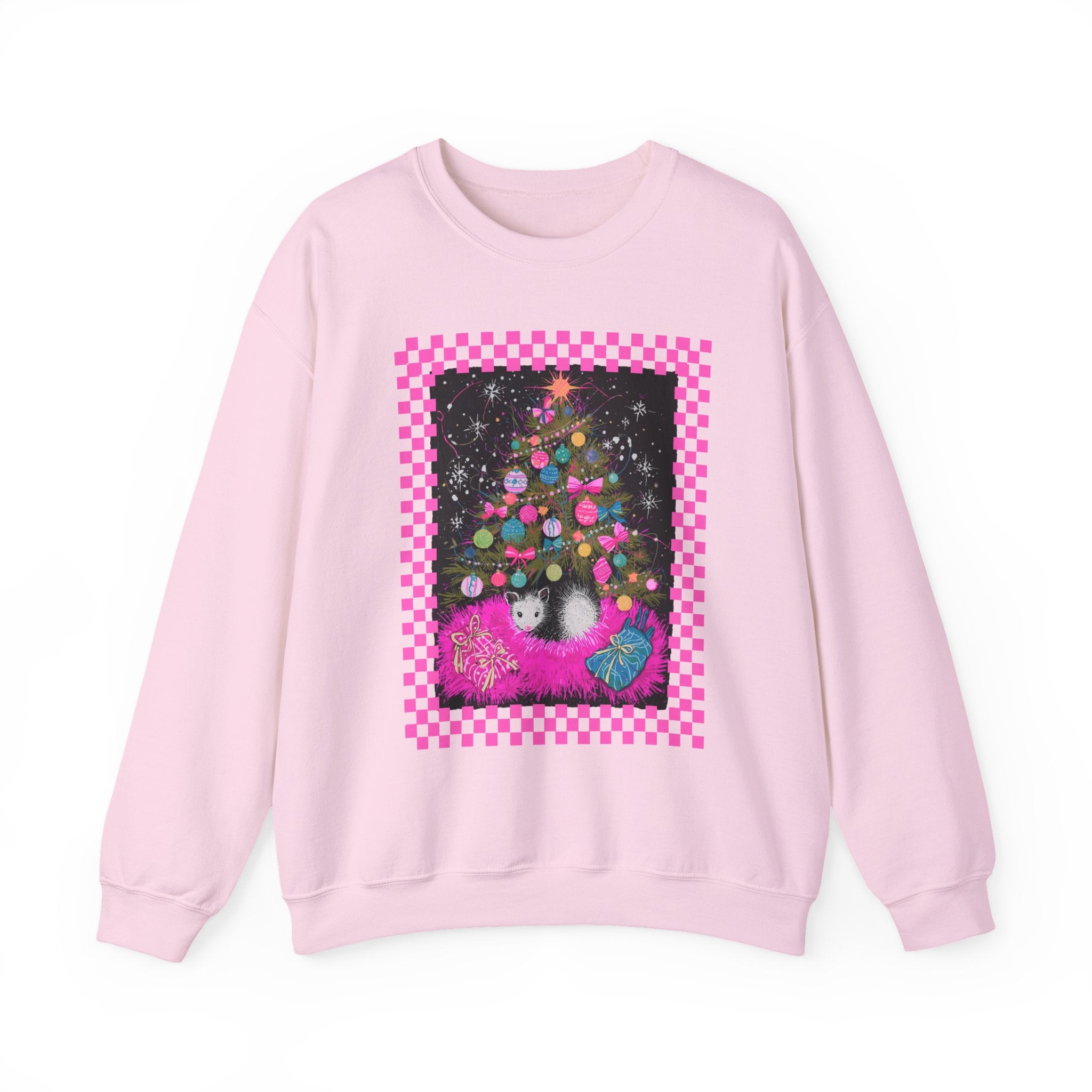 Christmas Possum Crewneck Sweatshirt — Pink Checkerboard Holiday Graphic