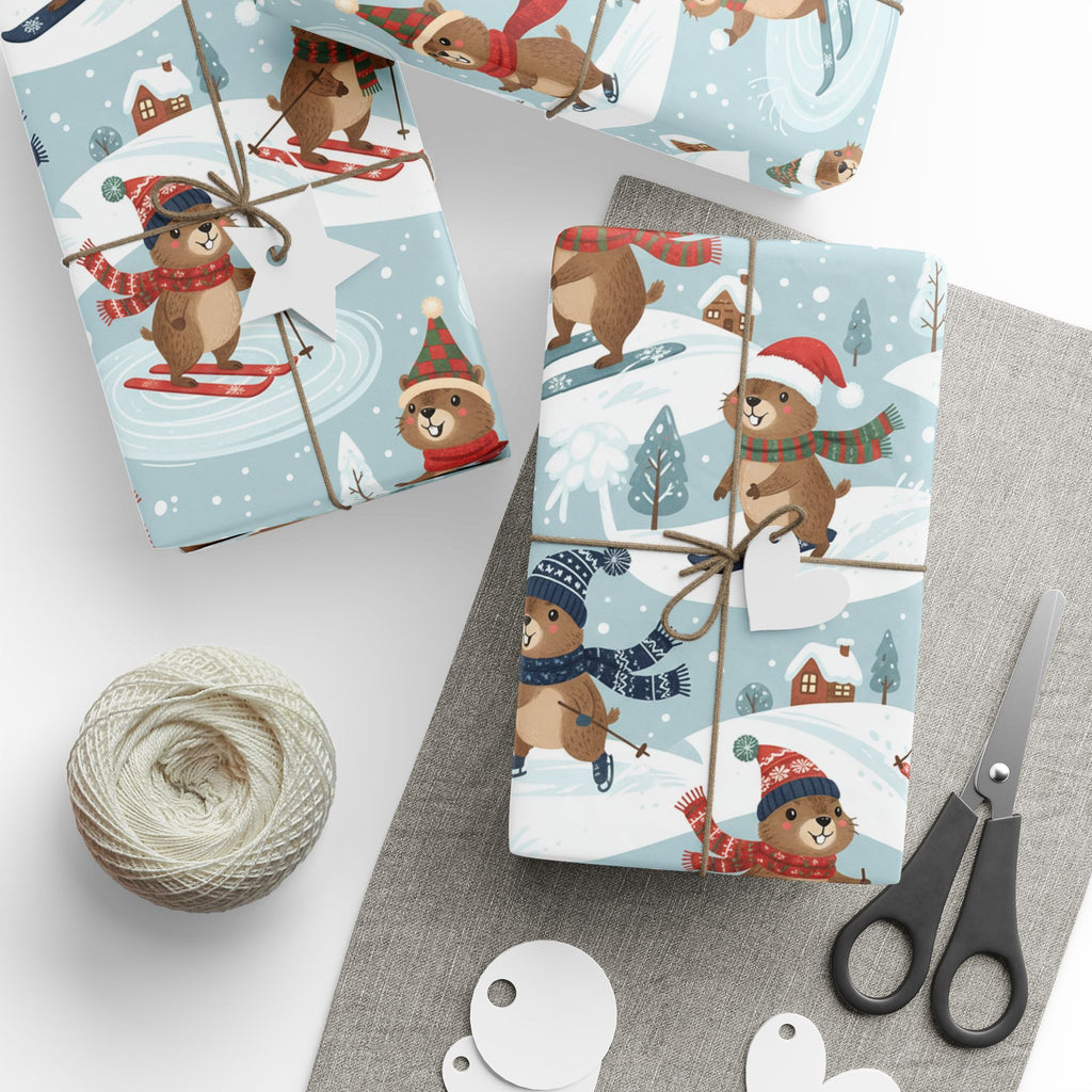 Christmas Groundhog Skiing Wrapping Paper — Cute Winter Holiday Gift Wrap