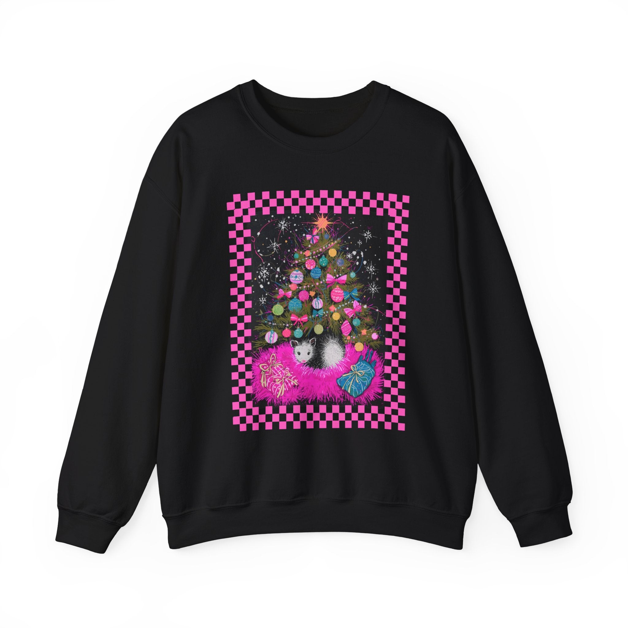 Christmas Possum Crewneck Sweatshirt — Pink Checkerboard Holiday Graphic