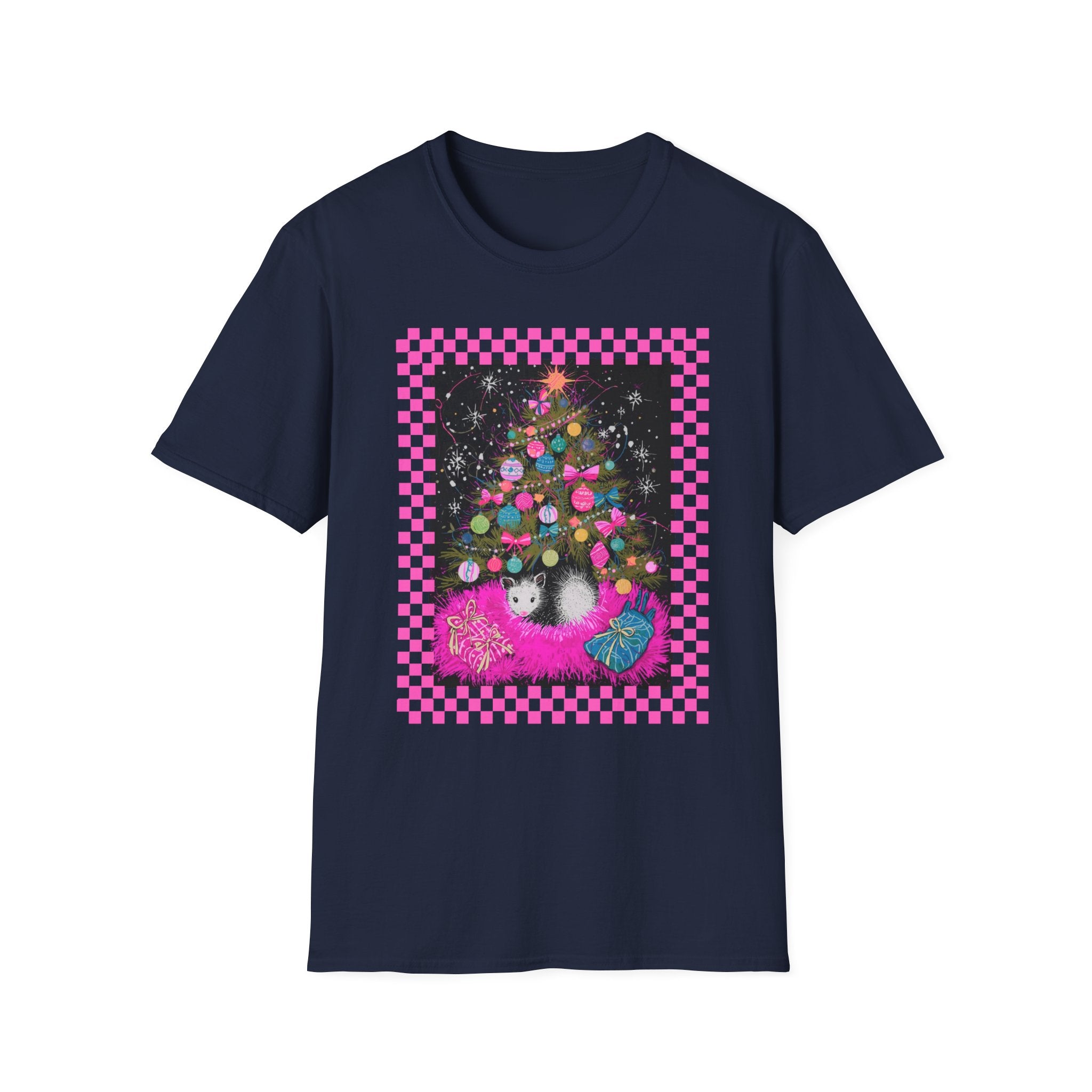 Christmas Possum Tree T-Shirt — Pink Checkerboard Holiday Possum Tee