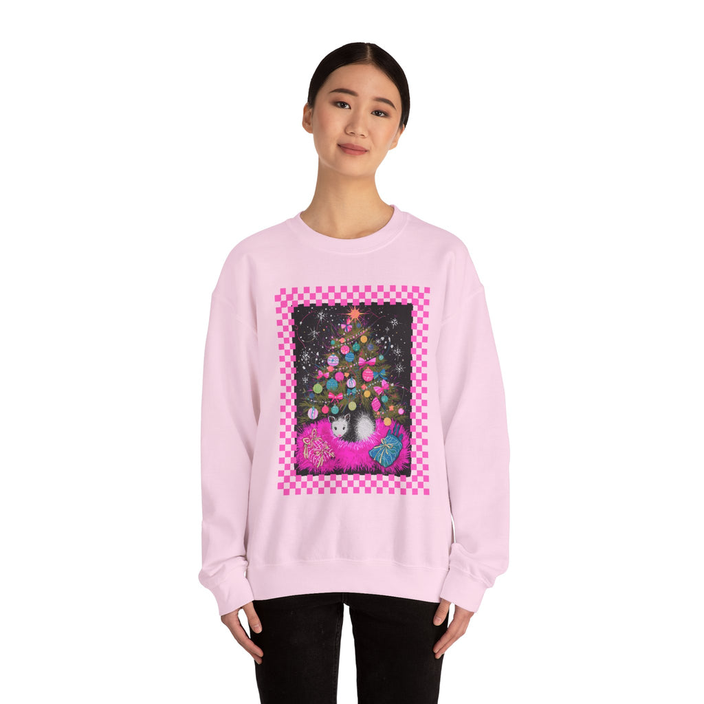 Christmas Possum Crewneck Sweatshirt — Pink Checkerboard Holiday Graphic