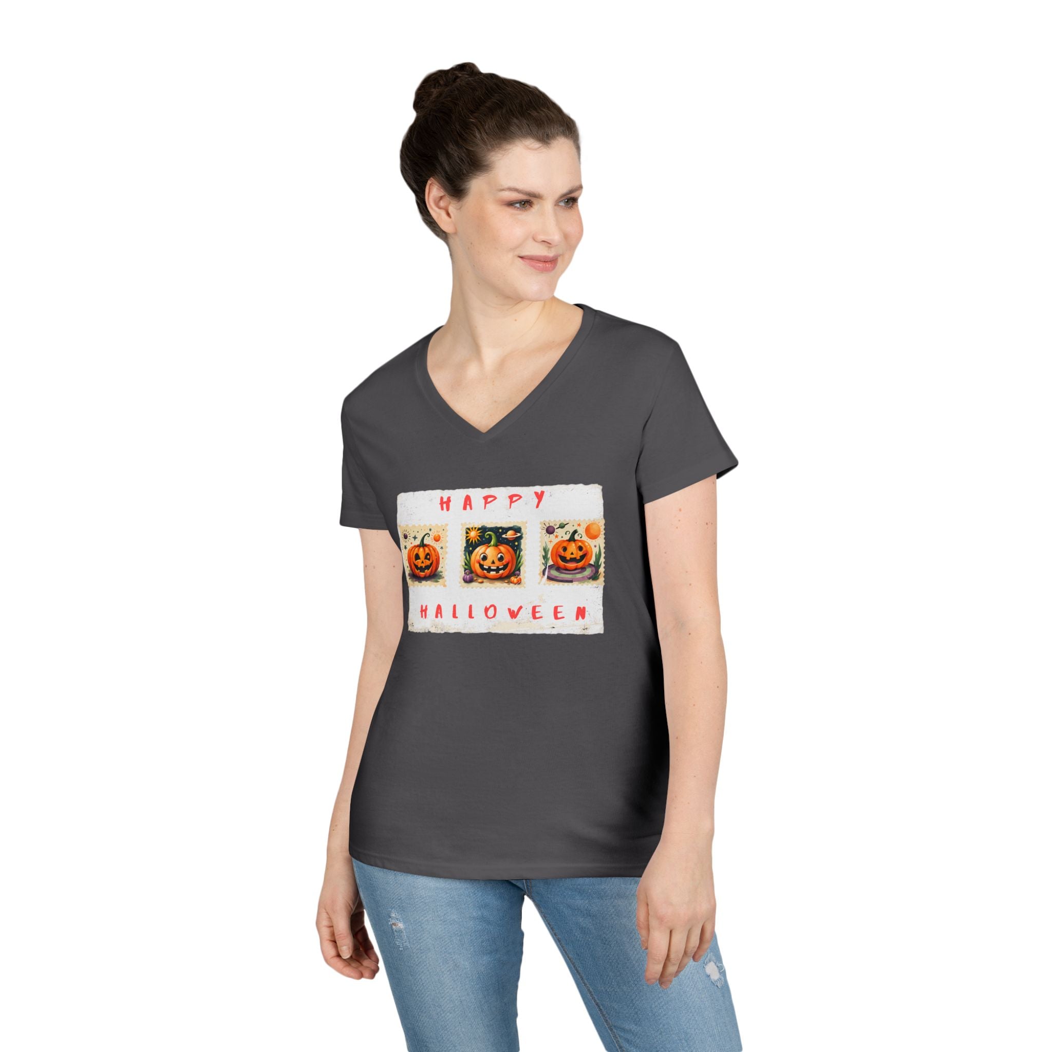 Halloween V-Neck T-Shirt, Fun Fall Fashion, Pumpkin Tee, Spooky Season Apparel, Cute Casual Halloween Shirt