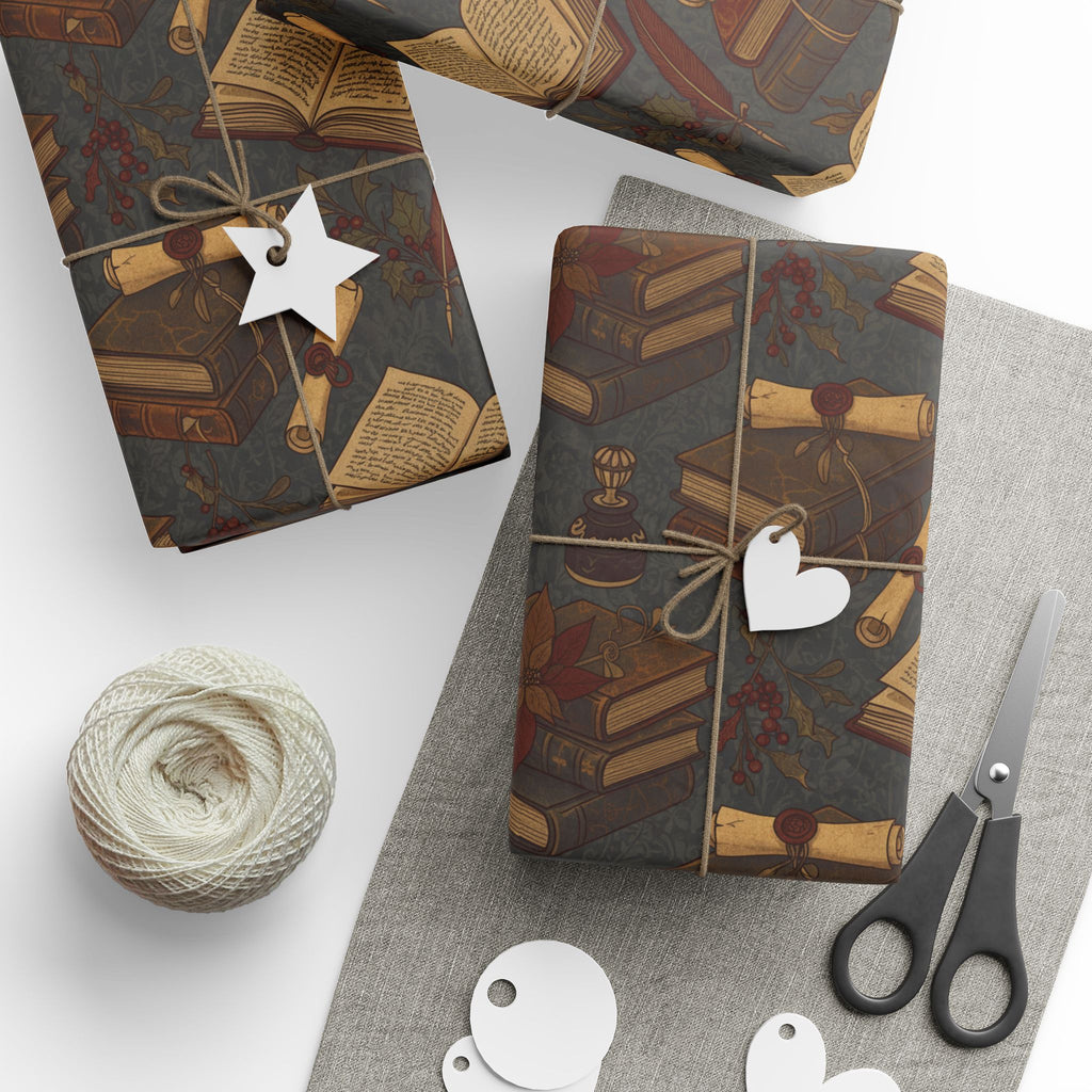 Dark Academia Vintage Holiday Book & Holly Wrapping Paper Roll