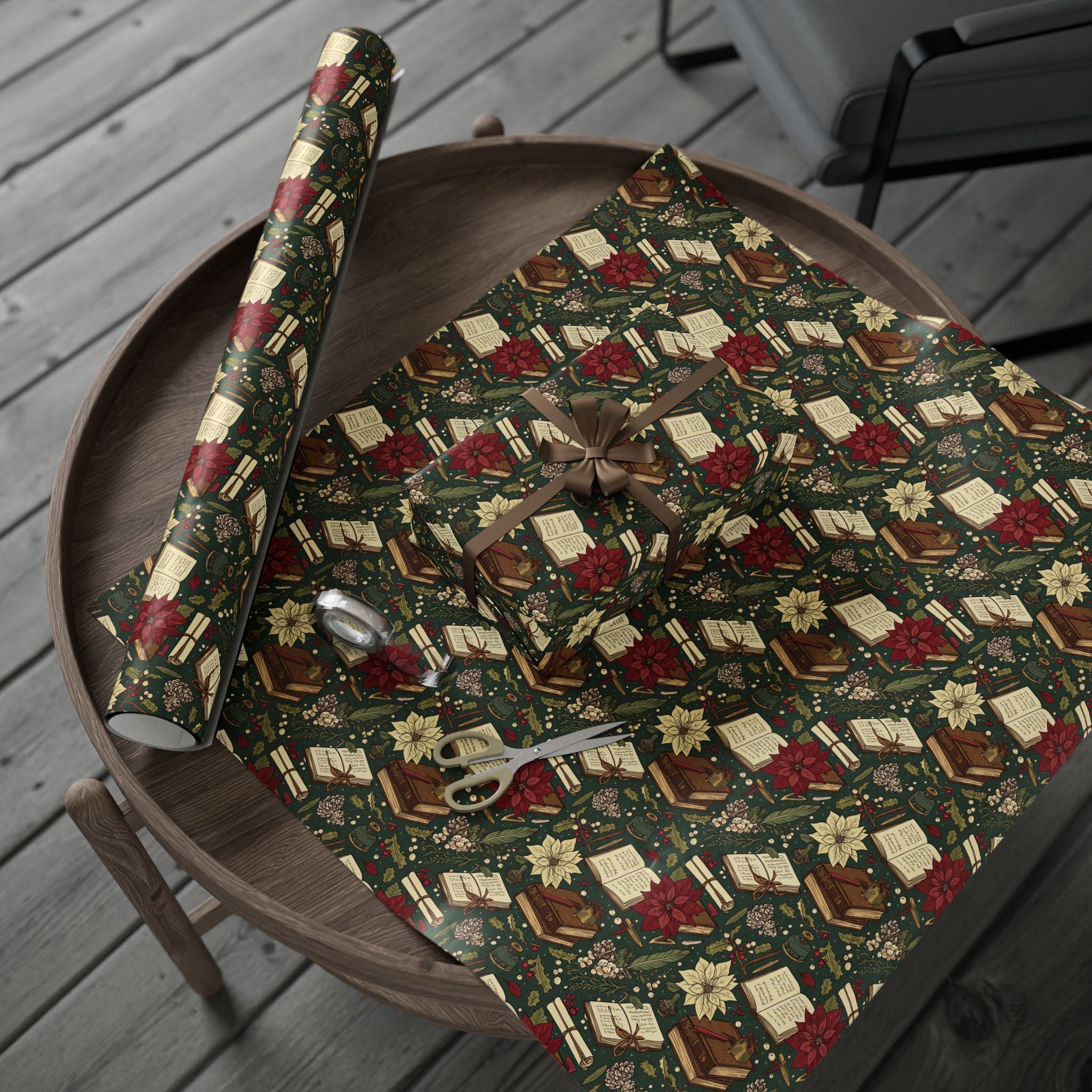 Christmas Book & Poinsettia Wrapping Paper Roll — Vintage Holiday Gift Wrap-Dark Academia