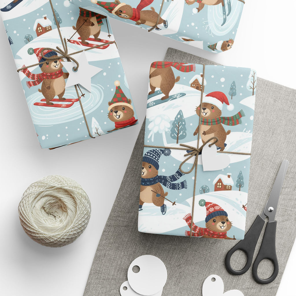Christmas Groundhog Skiing Wrapping Paper — Cute Winter Holiday Gift Wrap
