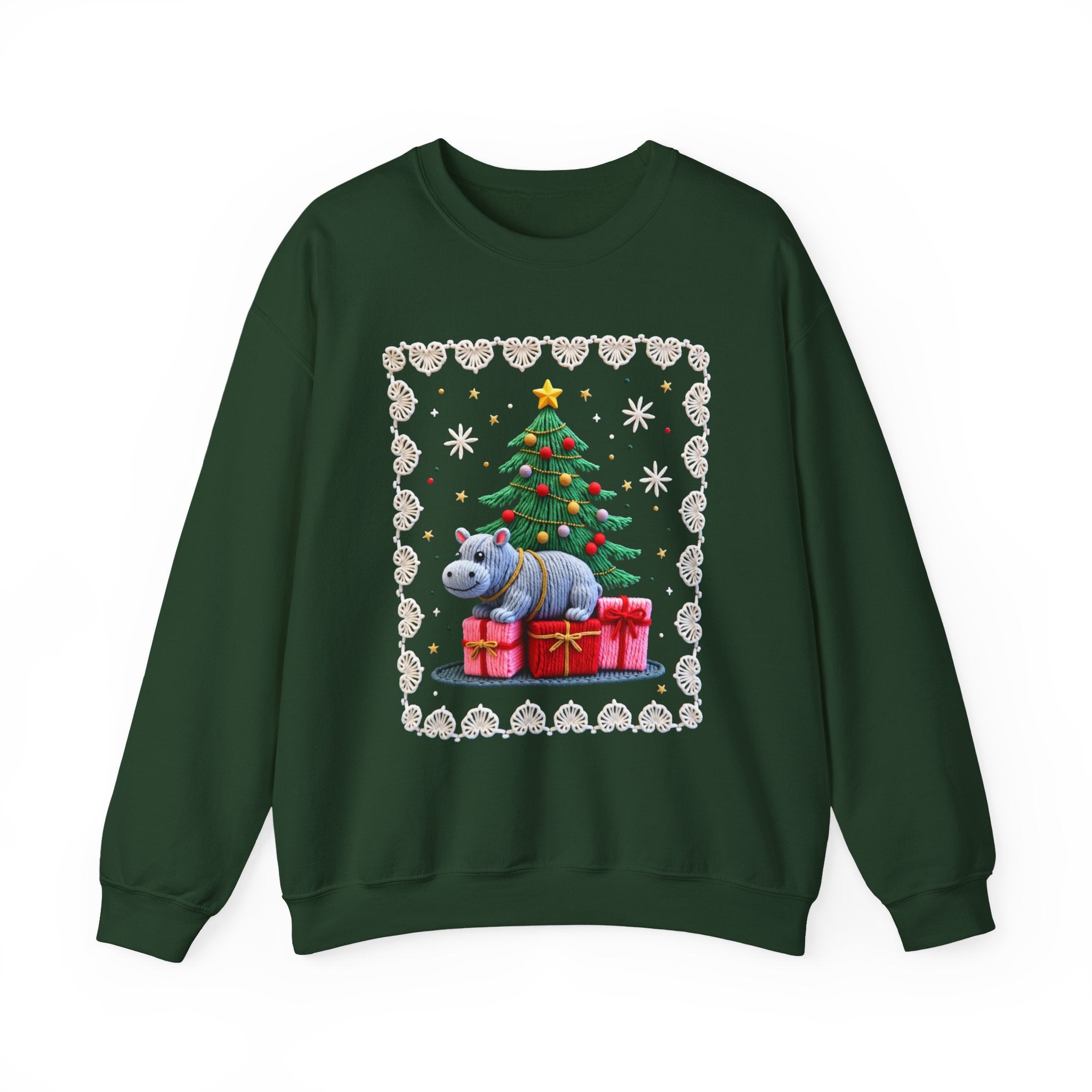 Hippo Under Christmas Tree Sweatshirt - Cute Holiday Crewneck