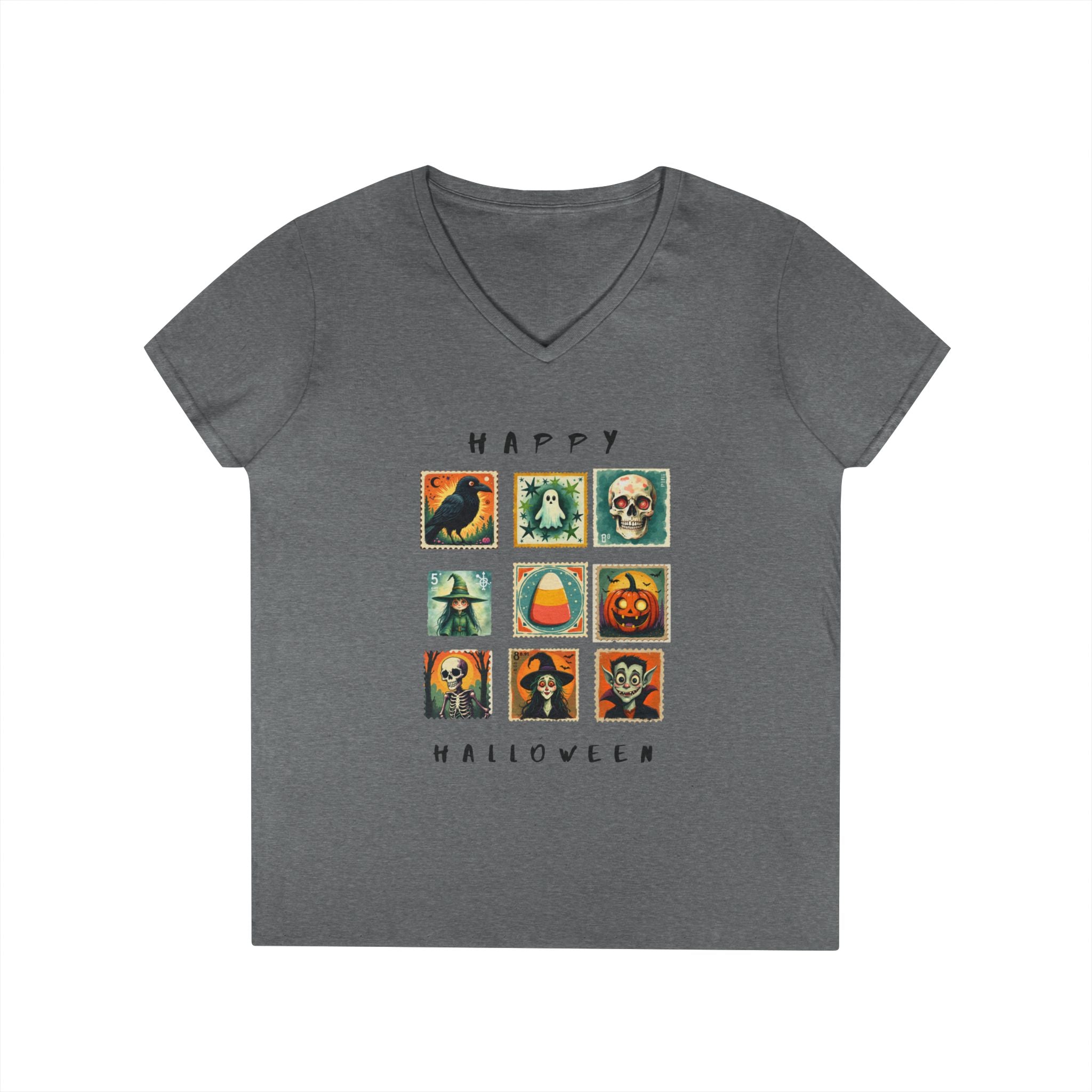 Halloween V-Neck T-Shirt, Spooky Tee, Women's Fall Shirt, Trick or Treat Top, Halloween Costume, Ghostly Vibes, Perfect for October