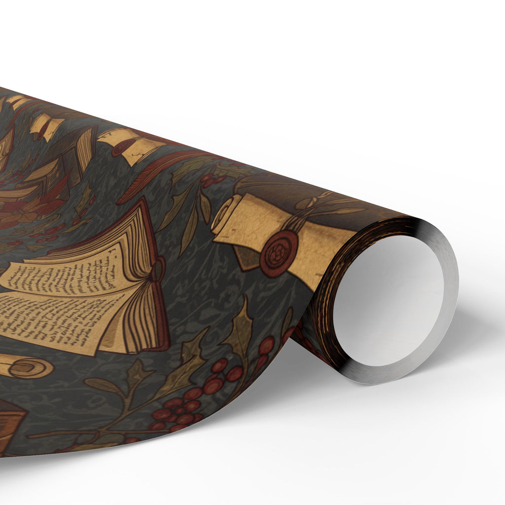 Dark Academia Vintage Holiday Book & Holly Wrapping Paper Roll