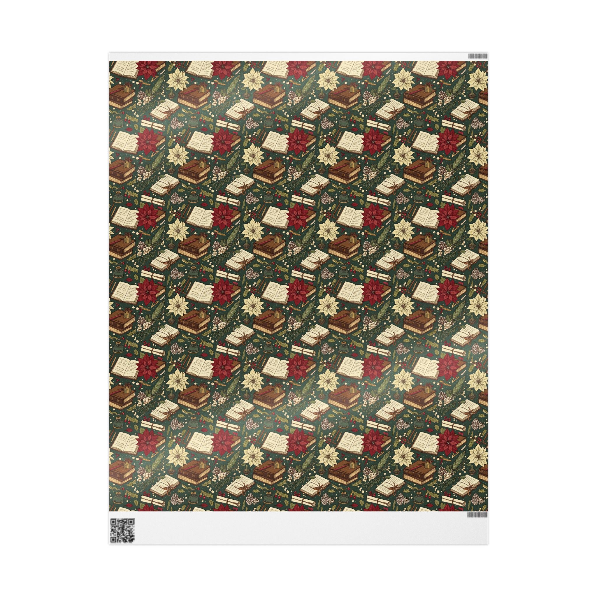 Christmas Book & Poinsettia Wrapping Paper Roll — Vintage Holiday Gift Wrap-Dark Academia