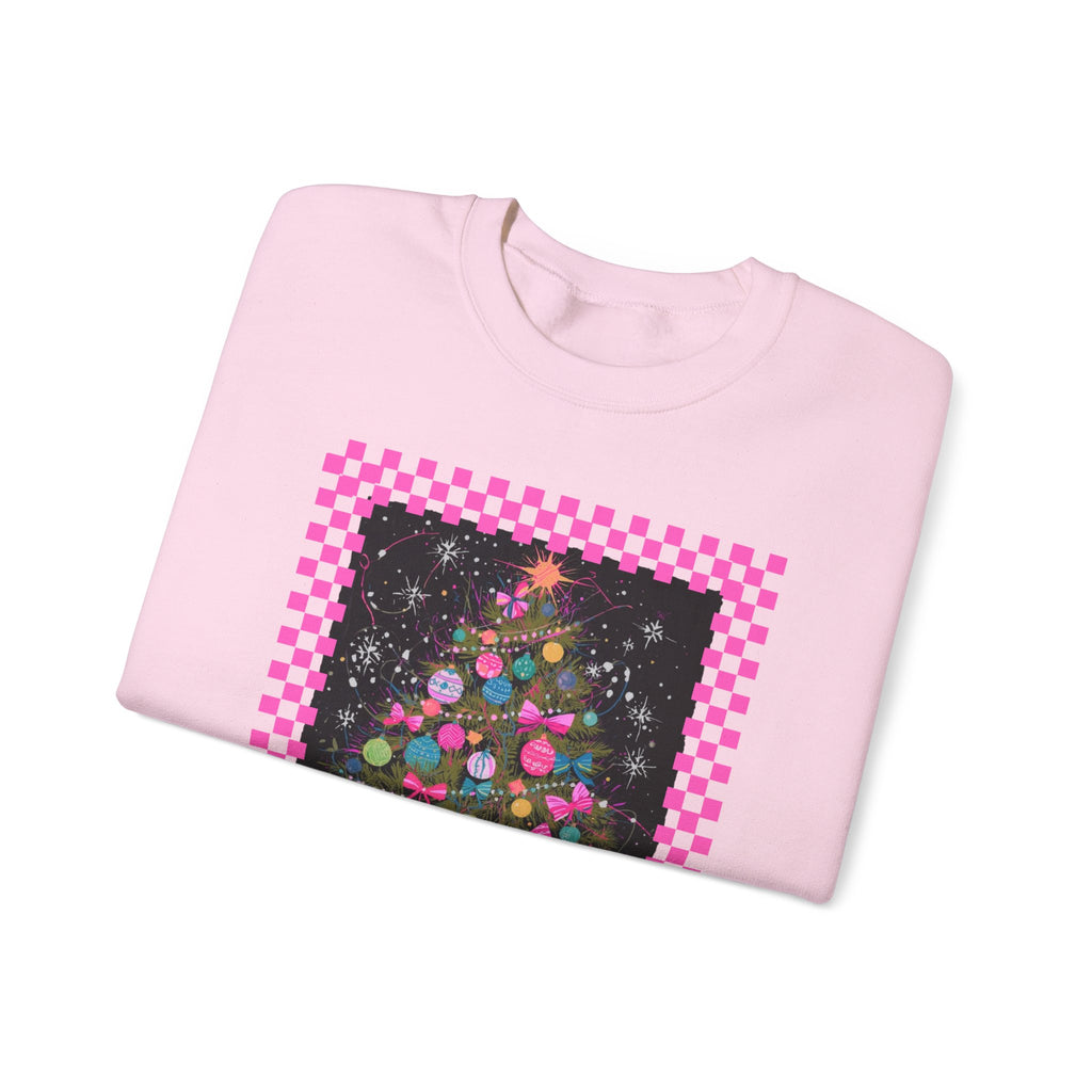 Christmas Possum Crewneck Sweatshirt — Pink Checkerboard Holiday Graphic