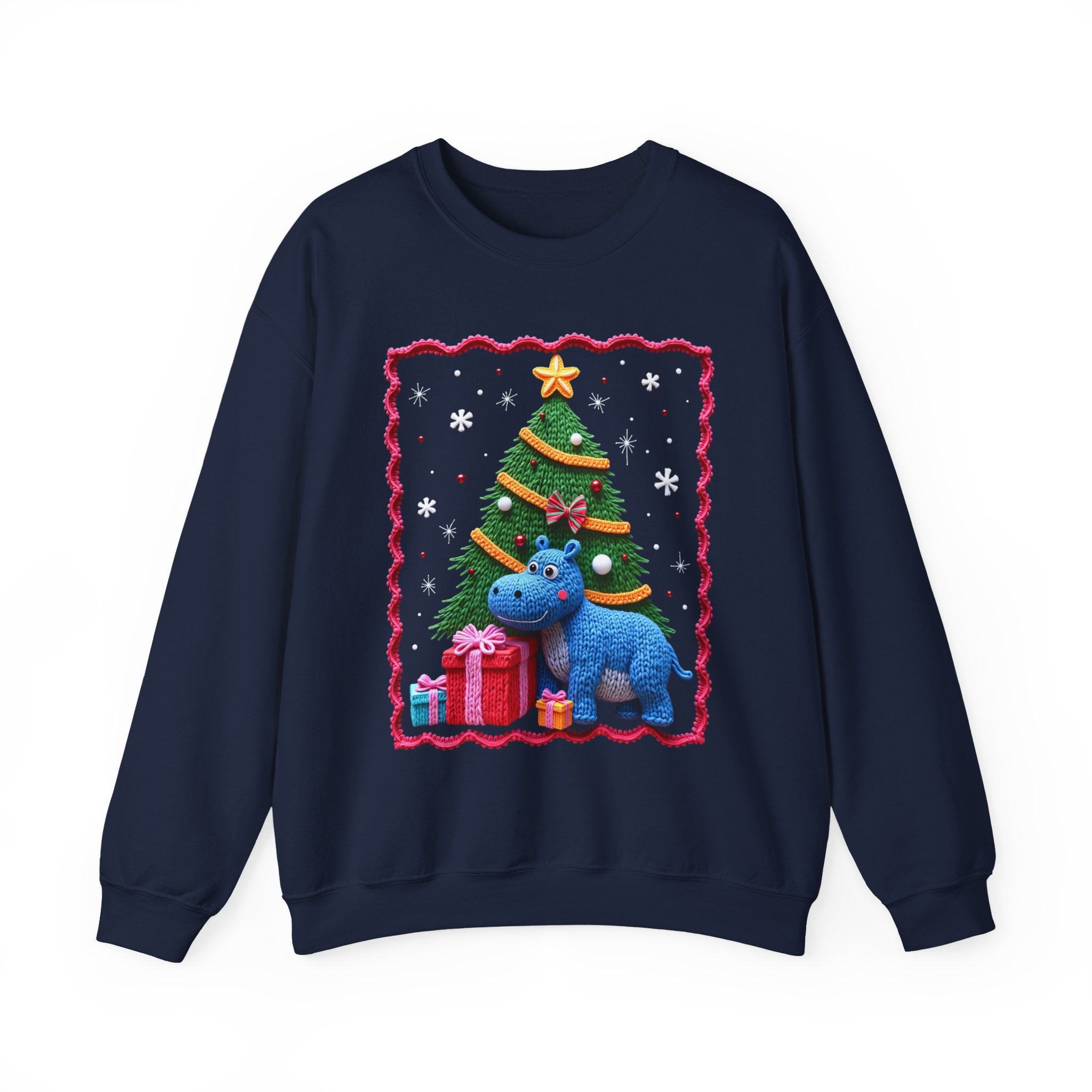Ugly Christmas Hippo Crewneck Sweatshirt — Cute Holiday Tree & Presents Design
