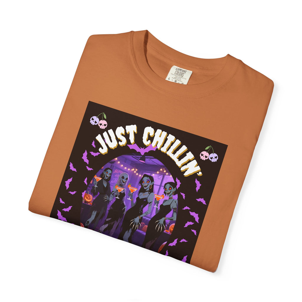 Just Chillin' With My Ghouls, Halloween Graphic Tee, Unisex Garment-Dyed T-Shirt, Spooky Shirt, Halloween Costume, Fall Fashion, Holiday Apparel