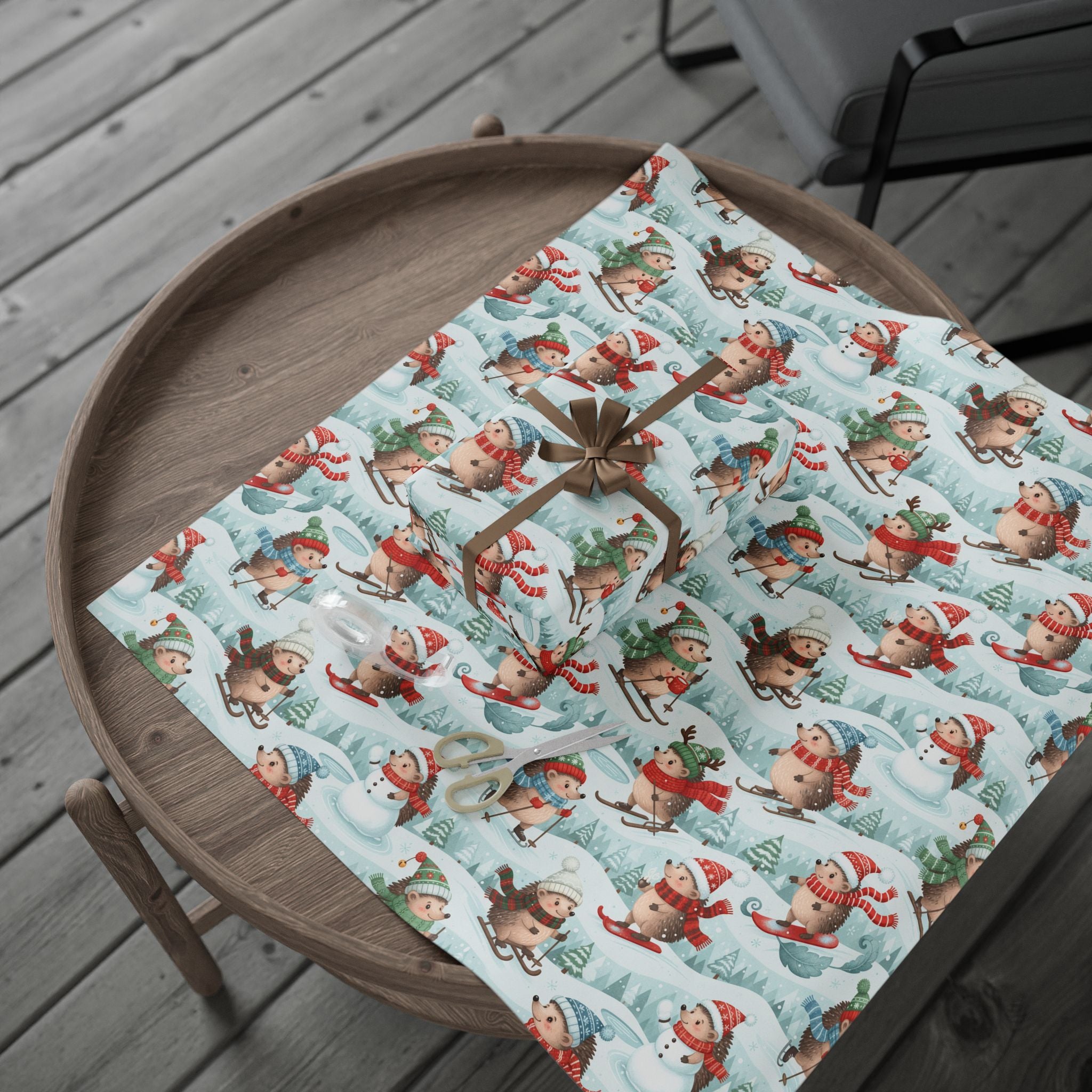 Cute Winter Hedgehog Christmas Wrapping Paper Roll — Festive Snowy Holiday Gift Wrap