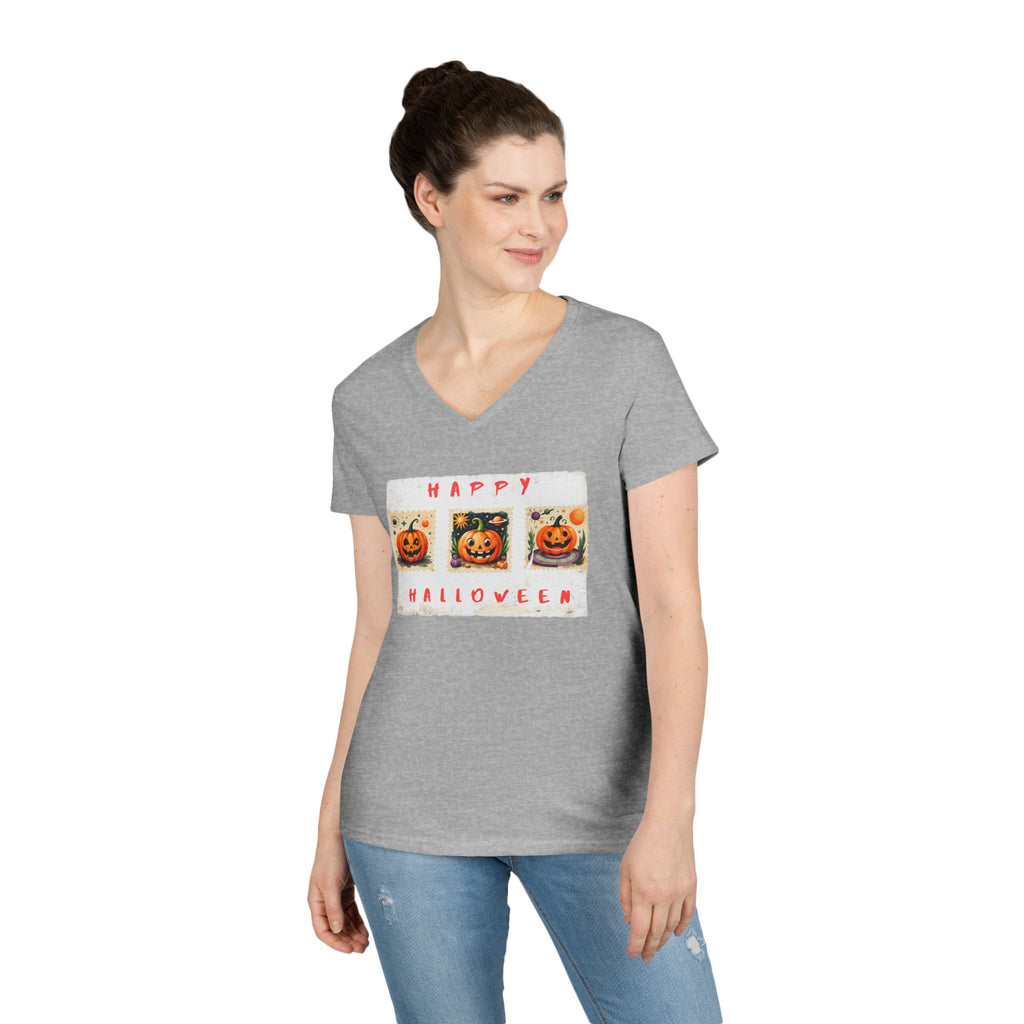 Halloween V-Neck T-Shirt, Fun Fall Fashion, Pumpkin Tee, Spooky Season Apparel, Cute Casual Halloween Shirt