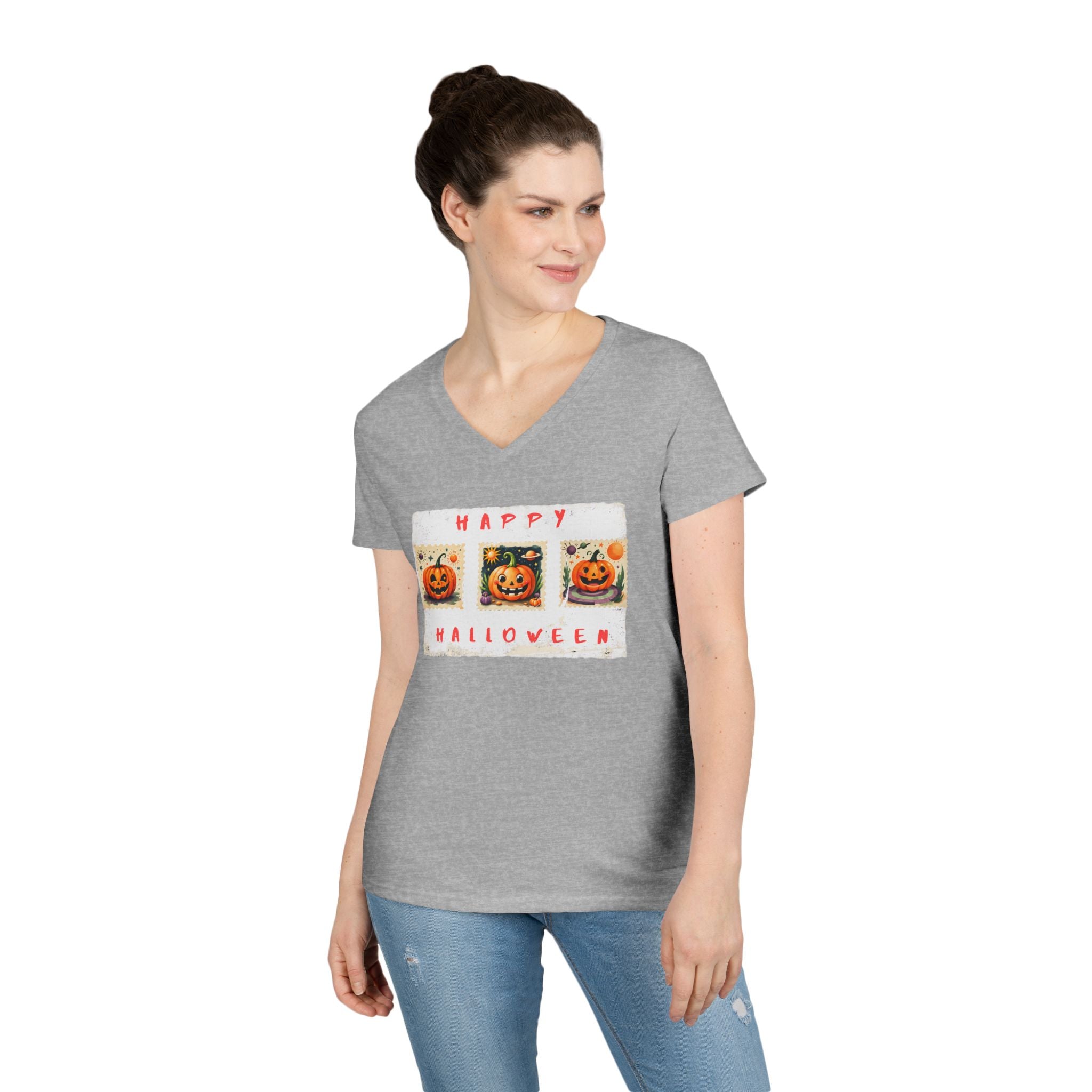 Halloween V-Neck T-Shirt, Fun Fall Fashion, Pumpkin Tee, Spooky Season Apparel, Cute Casual Halloween Shirt