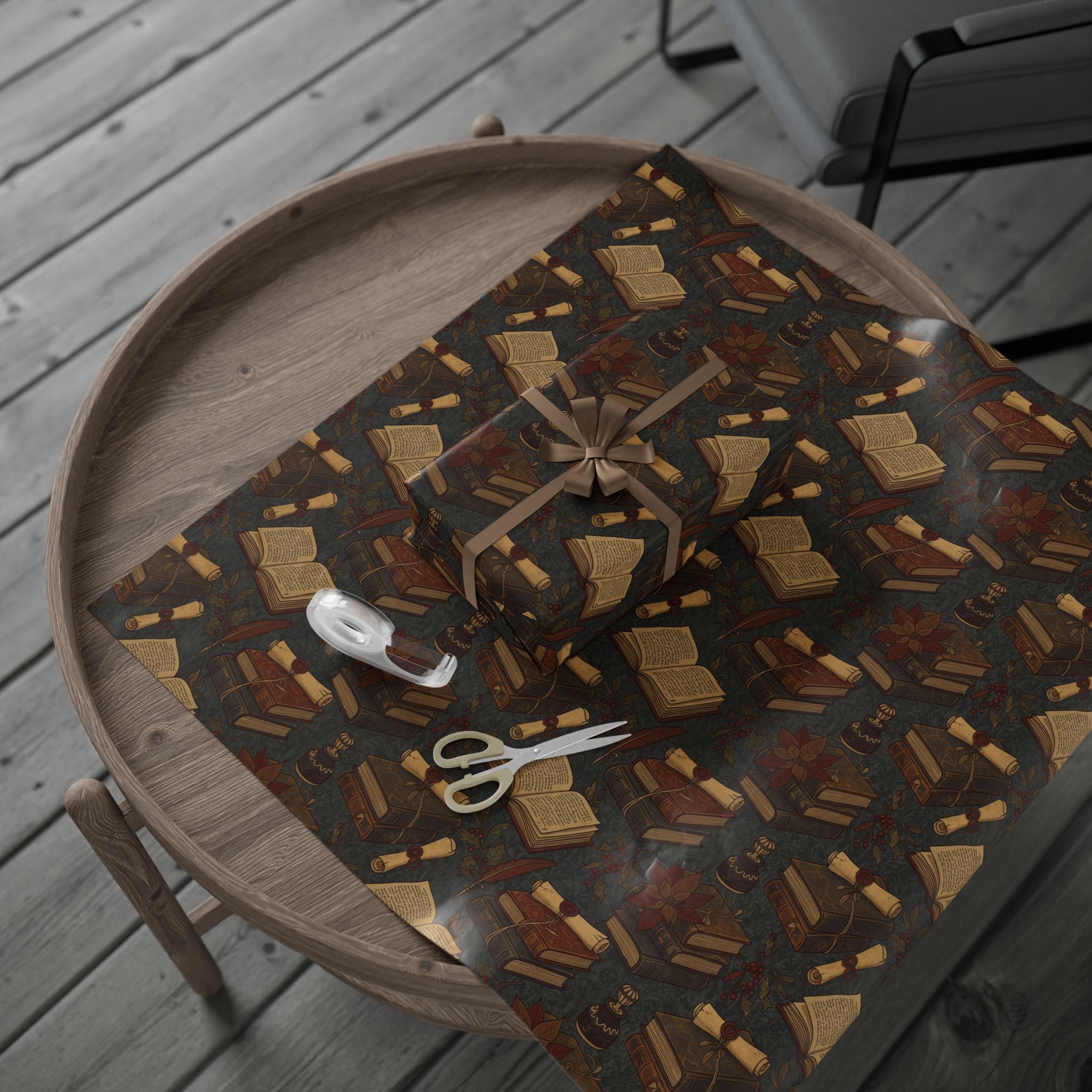 Dark Academia Vintage Holiday Book & Holly Wrapping Paper Roll