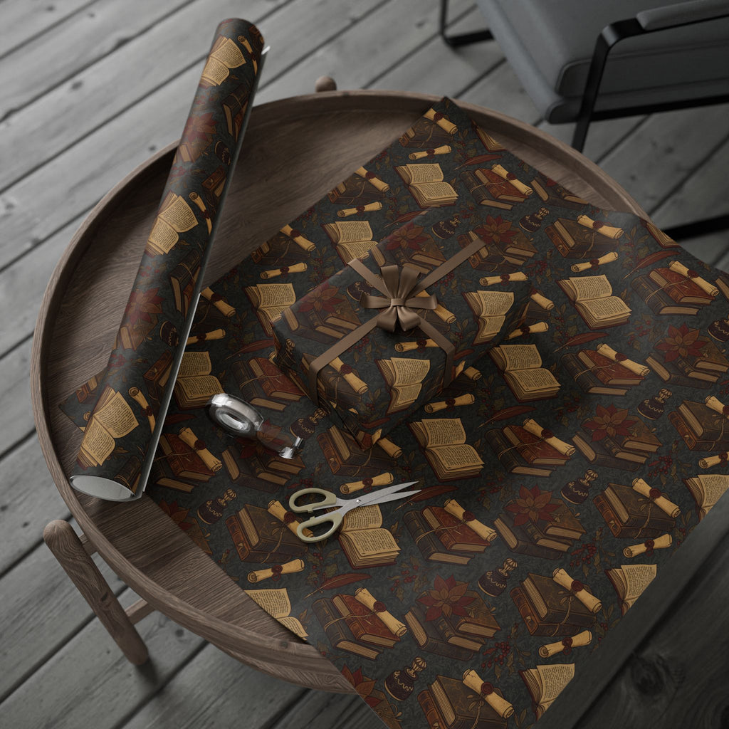 Dark Academia Vintage Holiday Book & Holly Wrapping Paper Roll