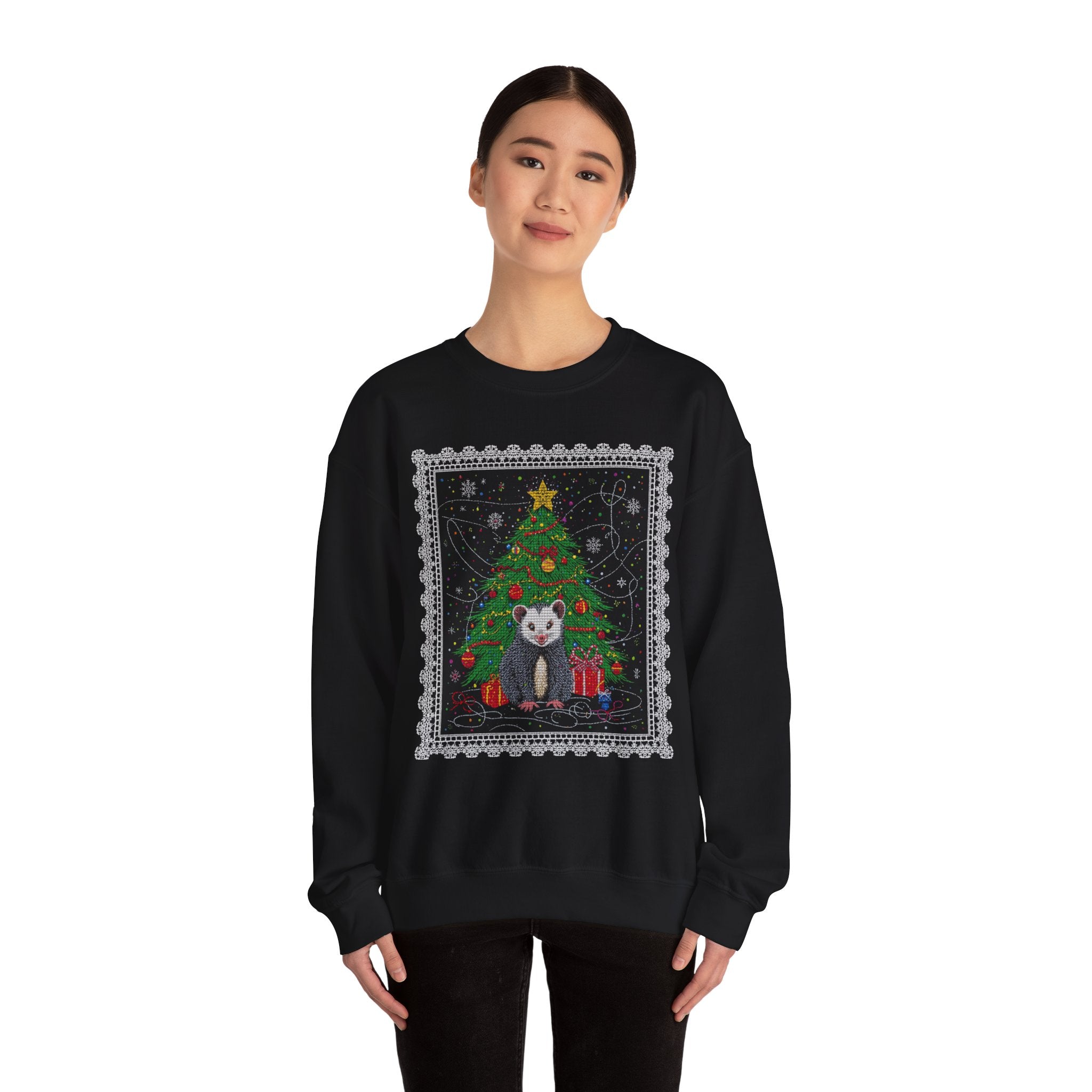 Christmas Tree & Possum Crewneck Sweatshirt – Cute Holiday Ugly Sweater Design