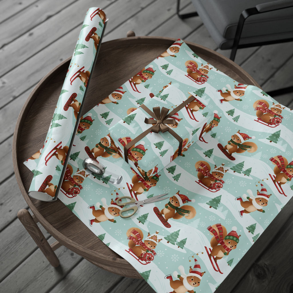 Christmas Squirrel Wrapping Paper - Cute Holiday Gift Wrap with Sledding Squirrels