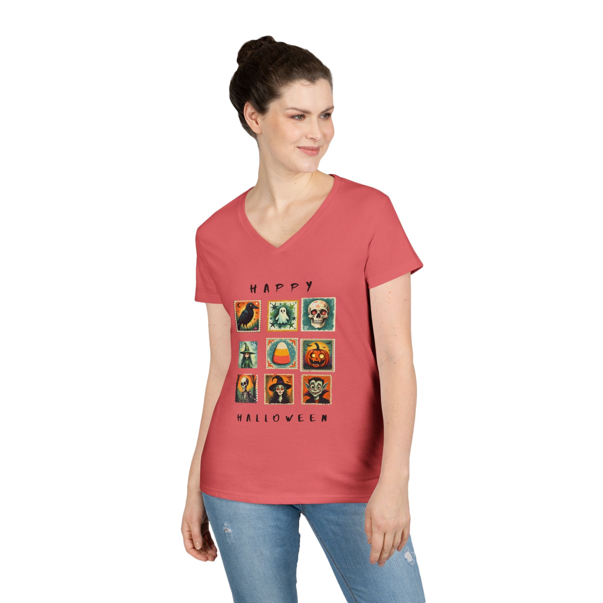 Halloween V-Neck T-Shirt, Spooky Tee, Women's Fall Shirt, Trick or Treat Top, Halloween Costume, Ghostly Vibes, Perfect for October