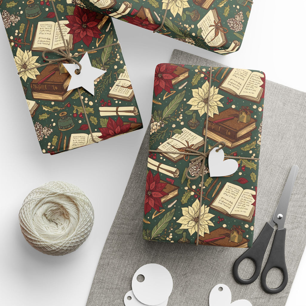 Christmas Book & Poinsettia Wrapping Paper Roll — Vintage Holiday Gift Wrap-Dark Academia