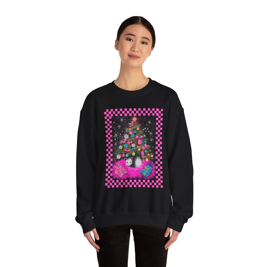Christmas Possum Crewneck Sweatshirt — Pink Checkerboard Holiday Graphic