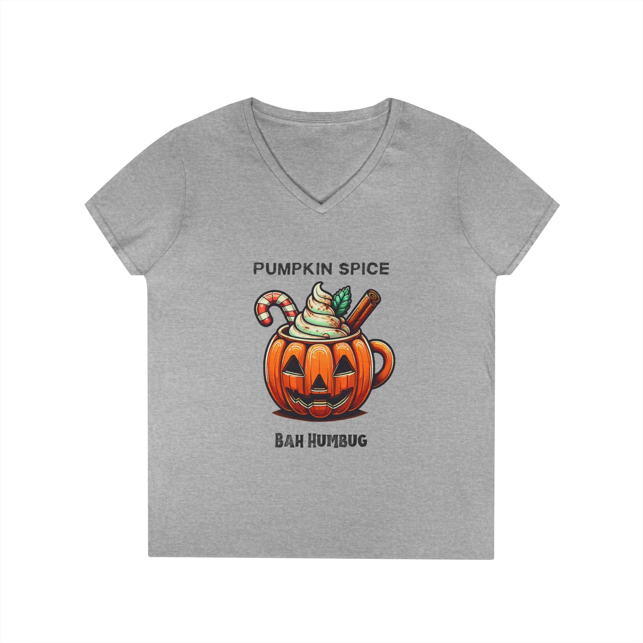 V-Neck T-Shirt Halloween Mug with Pumpkin Spice Bah Humbug