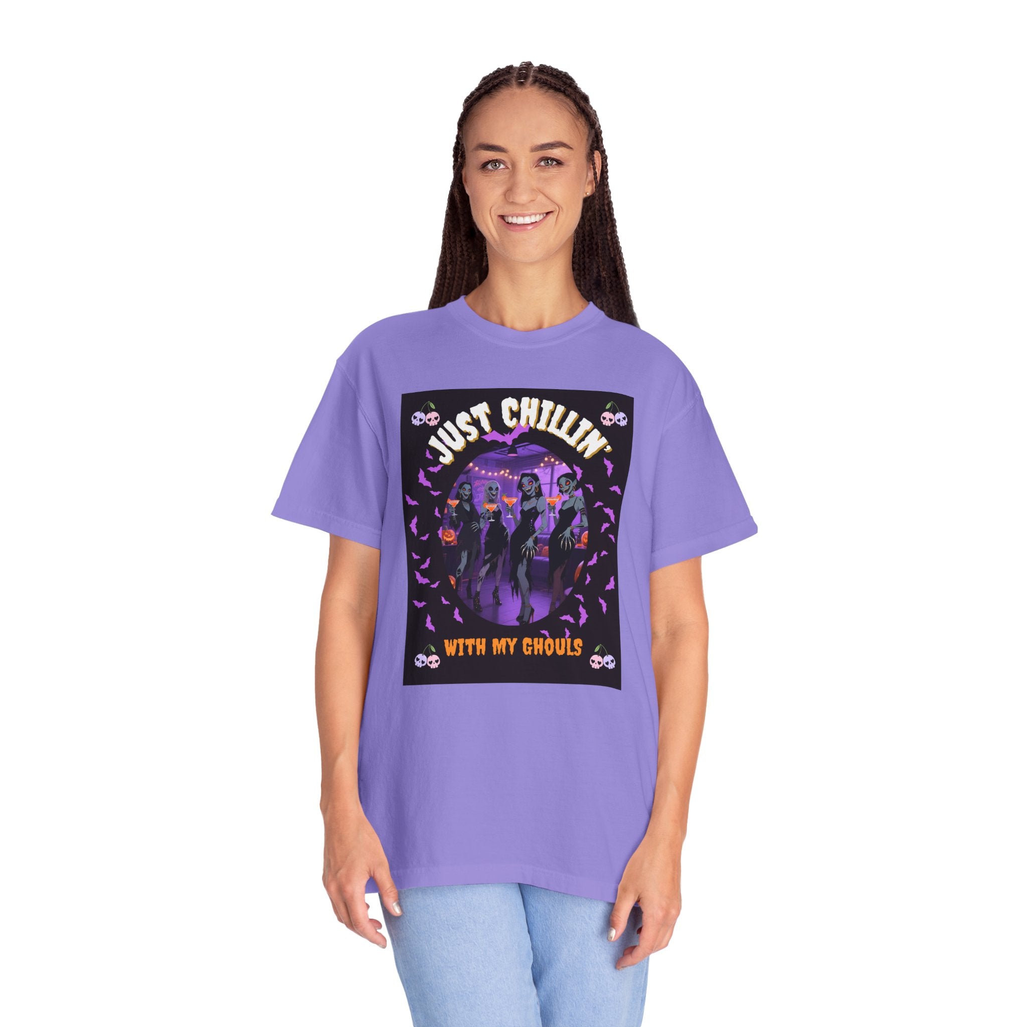 Just Chillin' With My Ghouls, Halloween Graphic Tee, Unisex Garment-Dyed T-Shirt, Spooky Shirt, Halloween Costume, Fall Fashion, Holiday Apparel