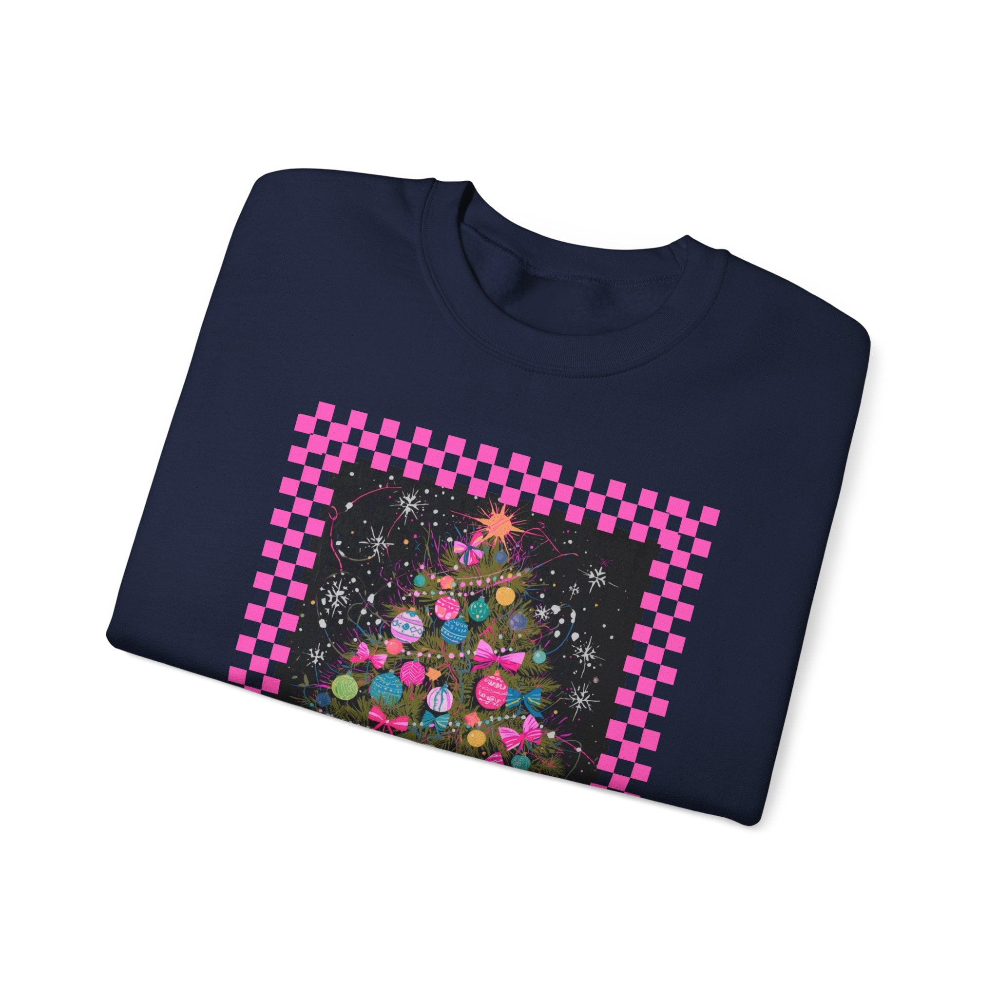 Christmas Possum Crewneck Sweatshirt — Pink Checkerboard Holiday Graphic