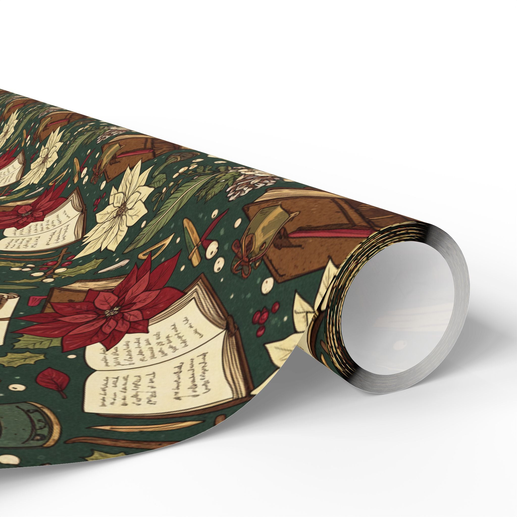Christmas Book Wrapping Paper — Vintage Poinsettia & Books Gift Wrap