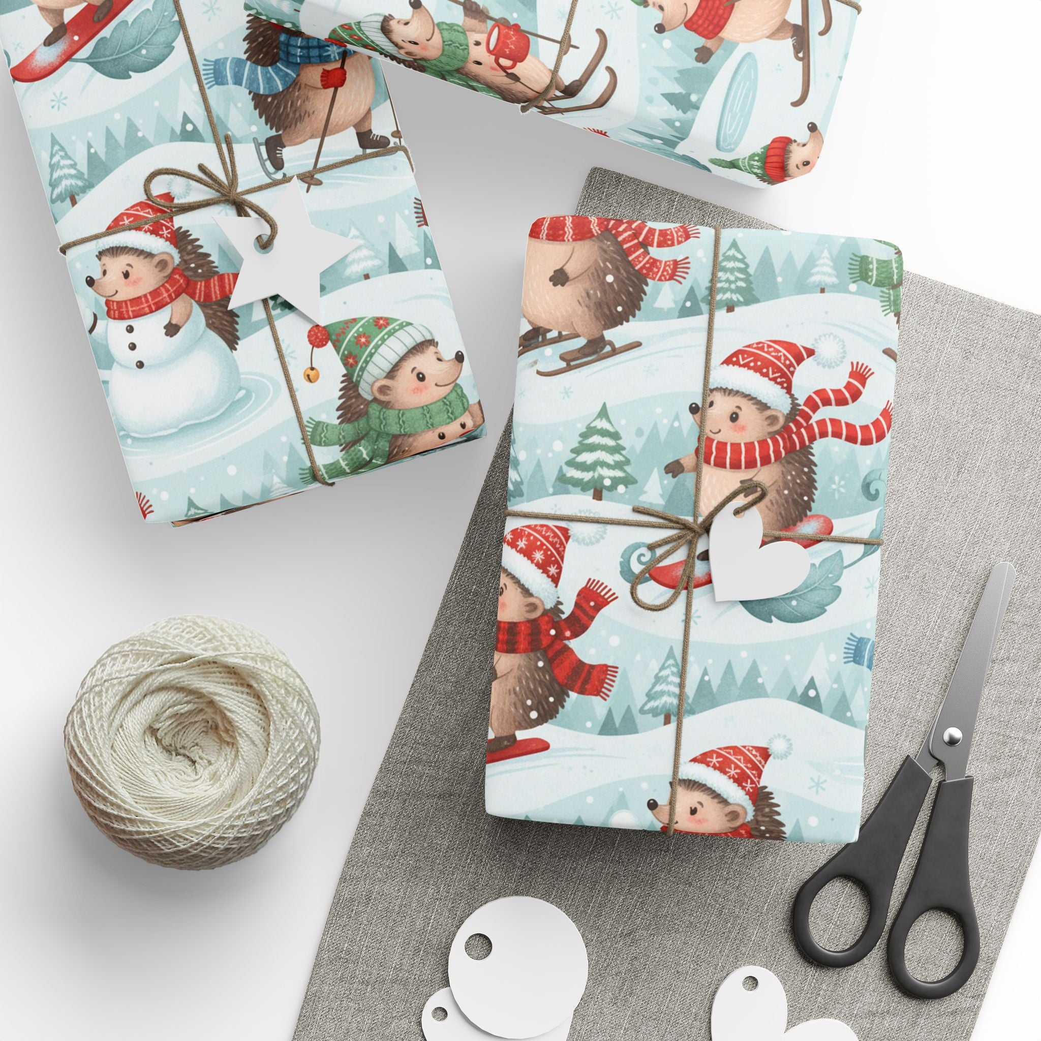 Cute Winter Hedgehog Christmas Wrapping Paper Roll — Festive Snowy Holiday Gift Wrap