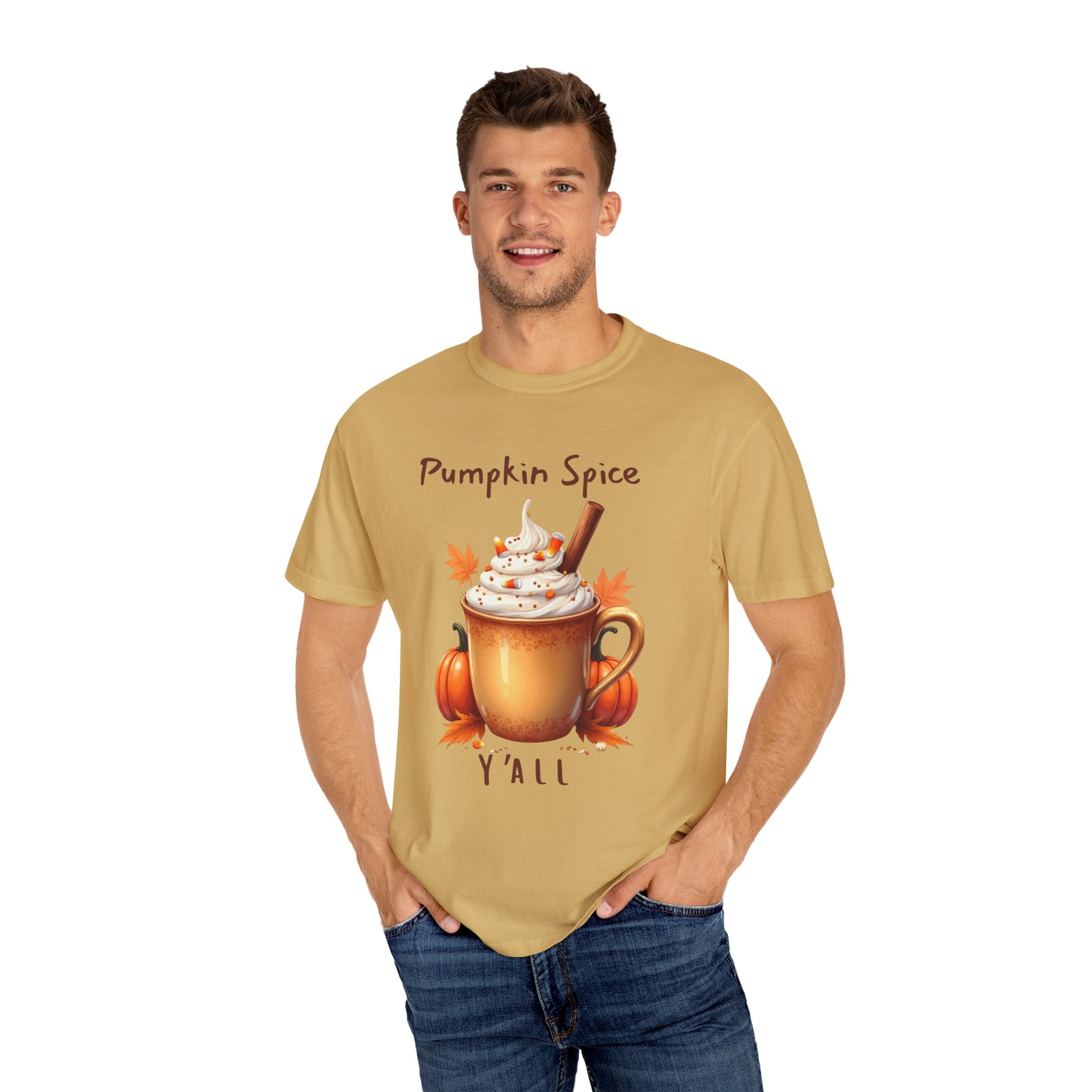 Pumpkin Spice Y'all-  shows a mug with whipped cream, a cinnamon stick, candy corn, pumpkins, and autumn leaves