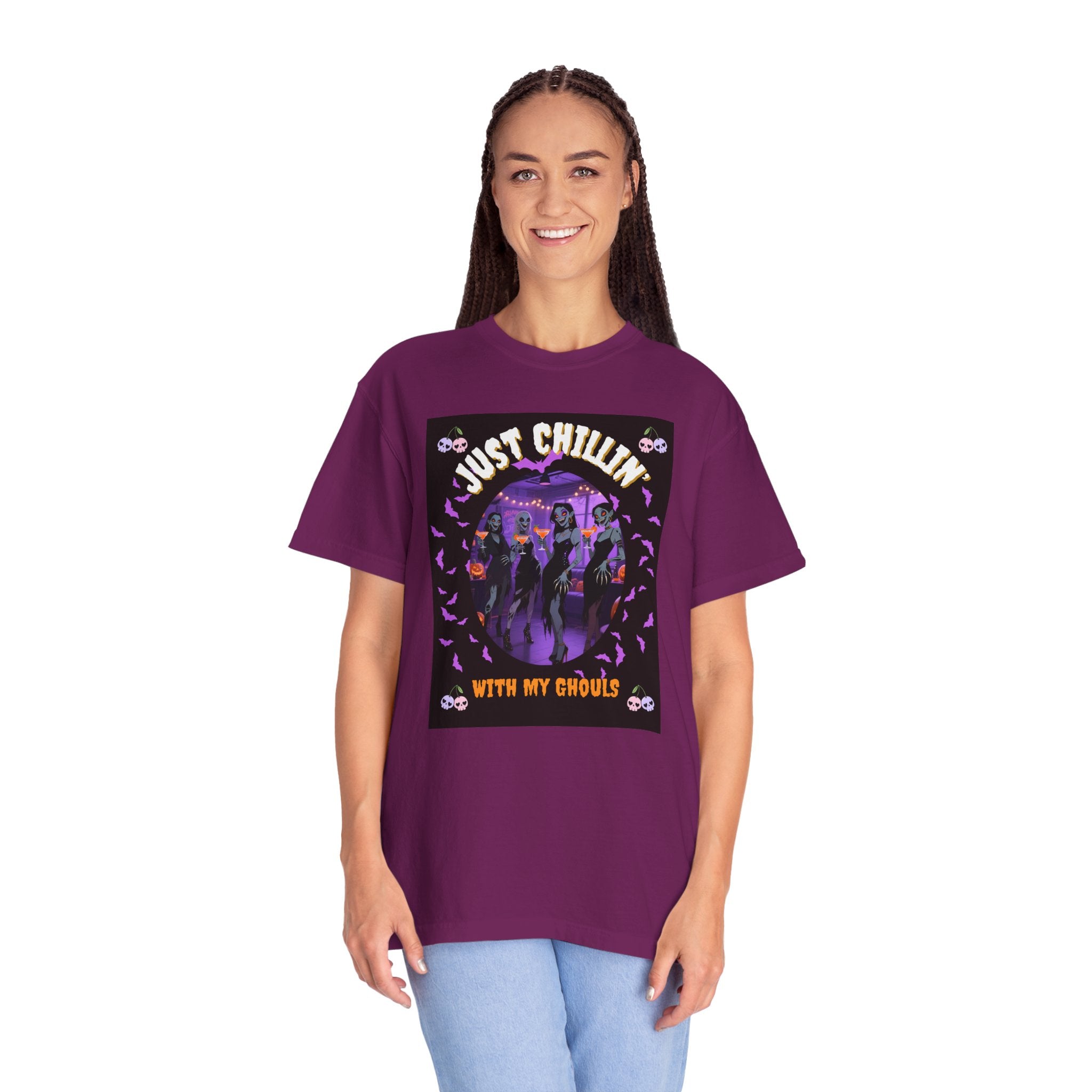 Just Chillin' With My Ghouls, Halloween Graphic Tee, Unisex Garment-Dyed T-Shirt, Spooky Shirt, Halloween Costume, Fall Fashion, Holiday Apparel