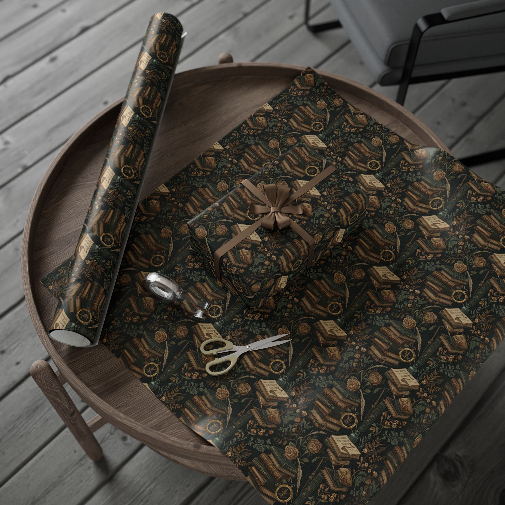 Faded Roses Vintage Books & Botanical Dark Wrapping Paper Roll — Literary Gift Wrap-Dark Academia