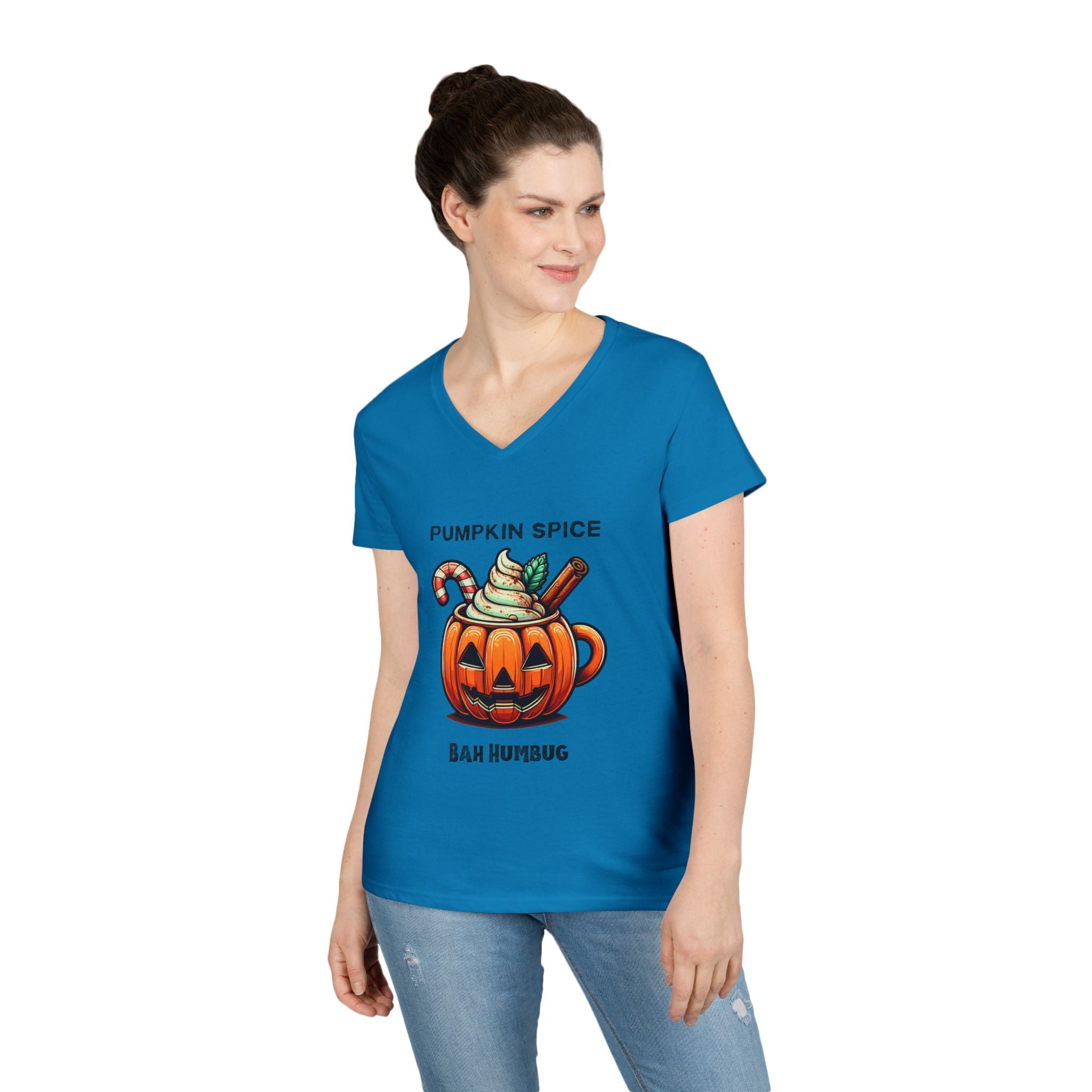 V-Neck T-Shirt Halloween Mug with Pumpkin Spice Bah Humbug