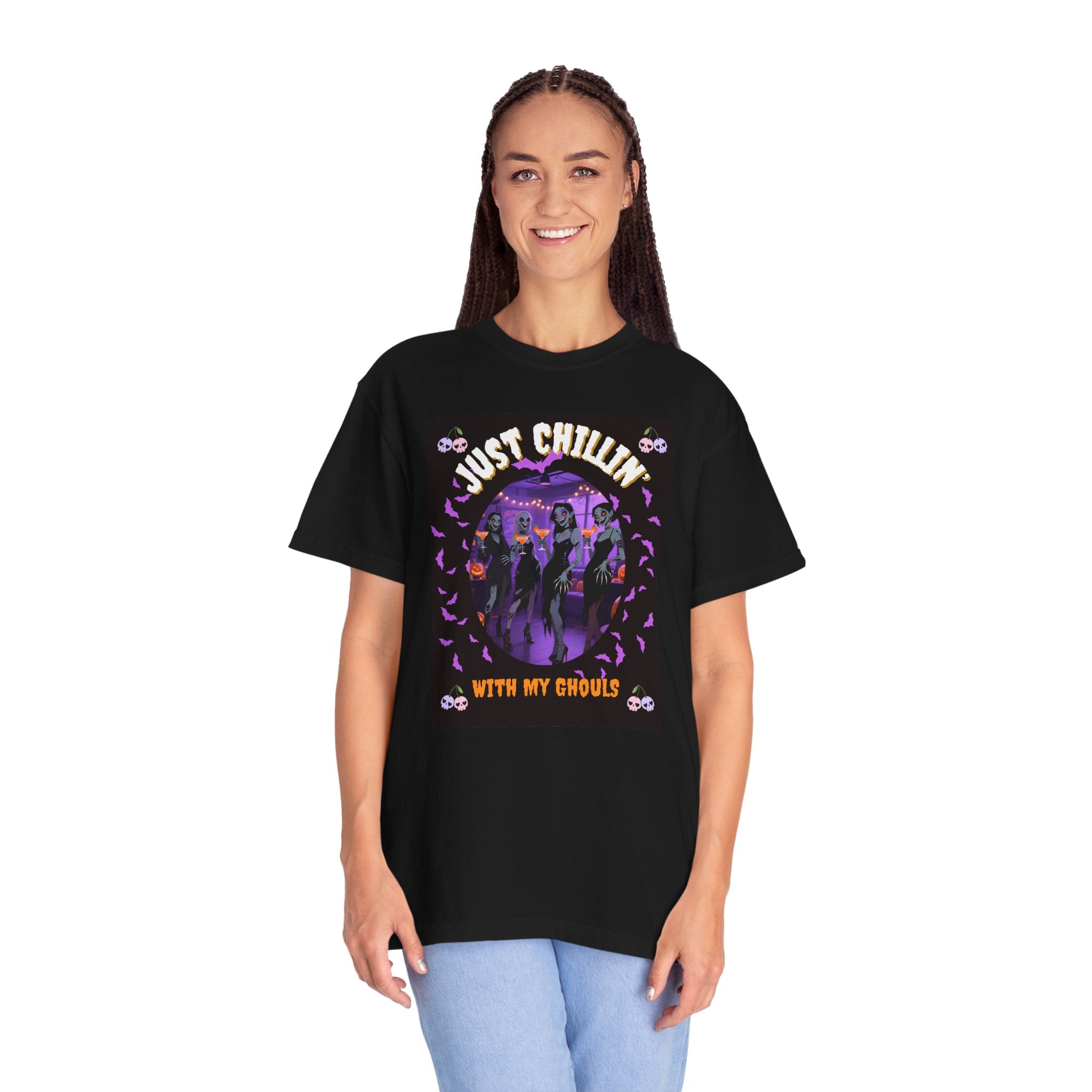 Just Chillin' With My Ghouls, Halloween Graphic Tee, Unisex Garment-Dyed T-Shirt, Spooky Shirt, Halloween Costume, Fall Fashion, Holiday Apparel
