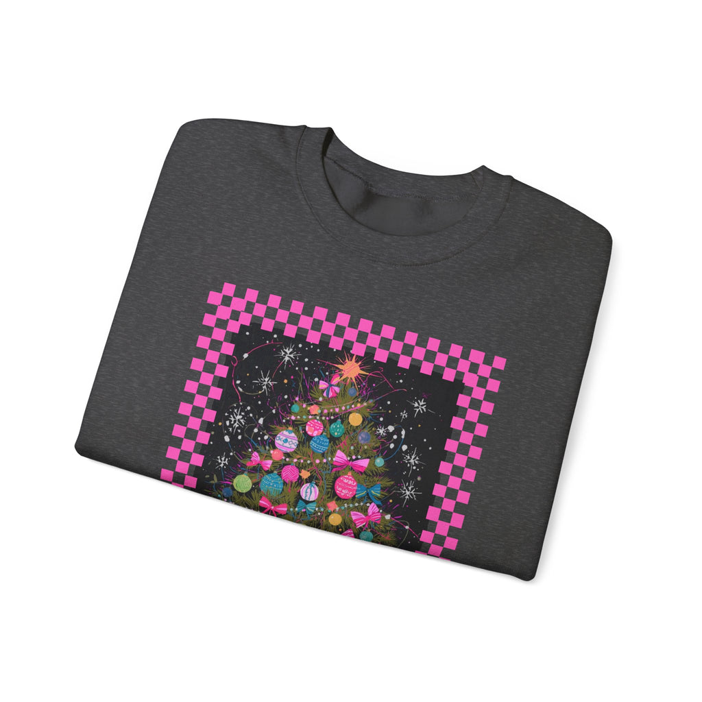 Christmas Possum Crewneck Sweatshirt — Pink Checkerboard Holiday Graphic