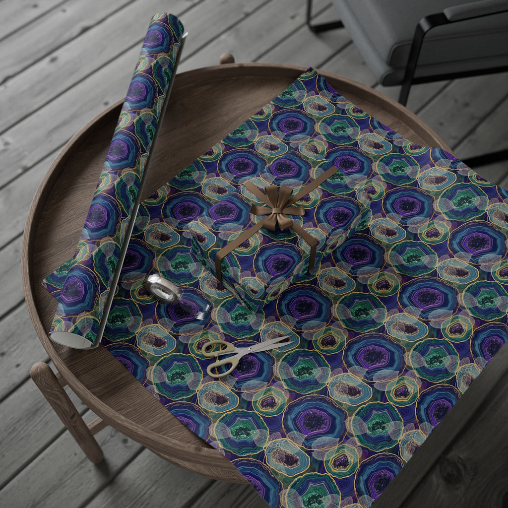 Agate Swirl Wrapping Paper — Blue & Teal Geode Gift Wrap with Leaves