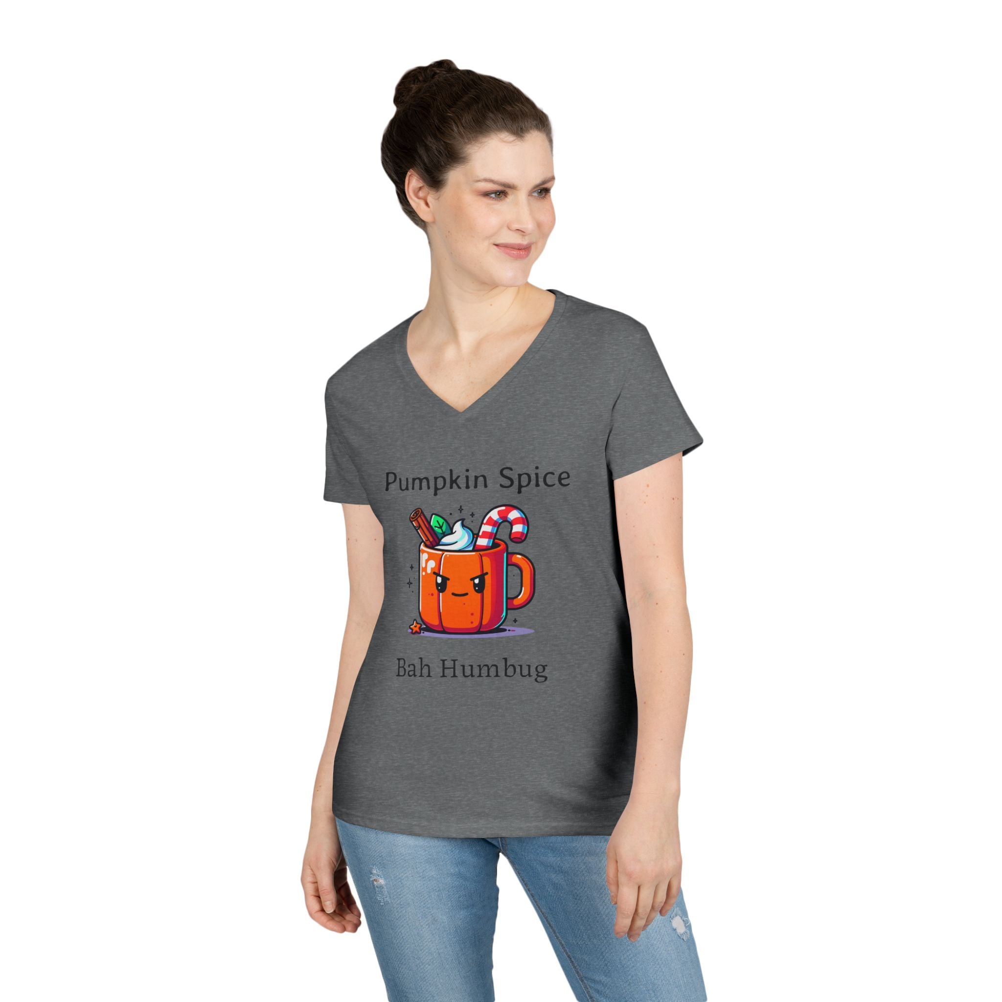 V-Neck T-Shirt Halloween Mug with Pumpkin Spice Bah Humbug