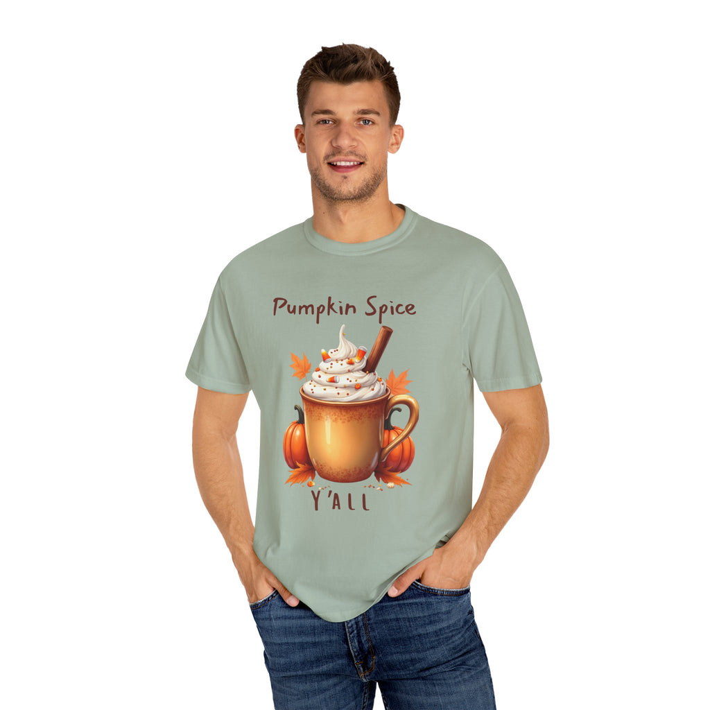 Pumpkin Spice Y'all-  shows a mug with whipped cream, a cinnamon stick, candy corn, pumpkins, and autumn leaves