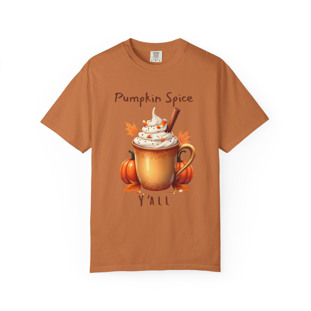 Pumpkin Spice Y'all-  shows a mug with whipped cream, a cinnamon stick, candy corn, pumpkins, and autumn leaves
